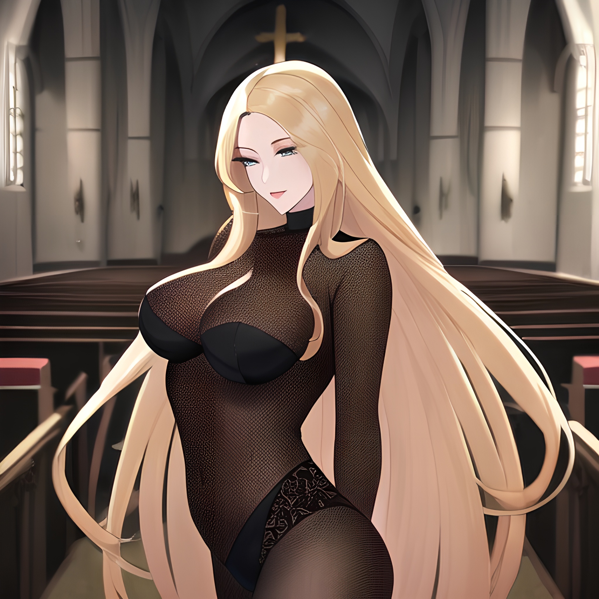 small boobs blonde woman front view fishnet nude long hair church 