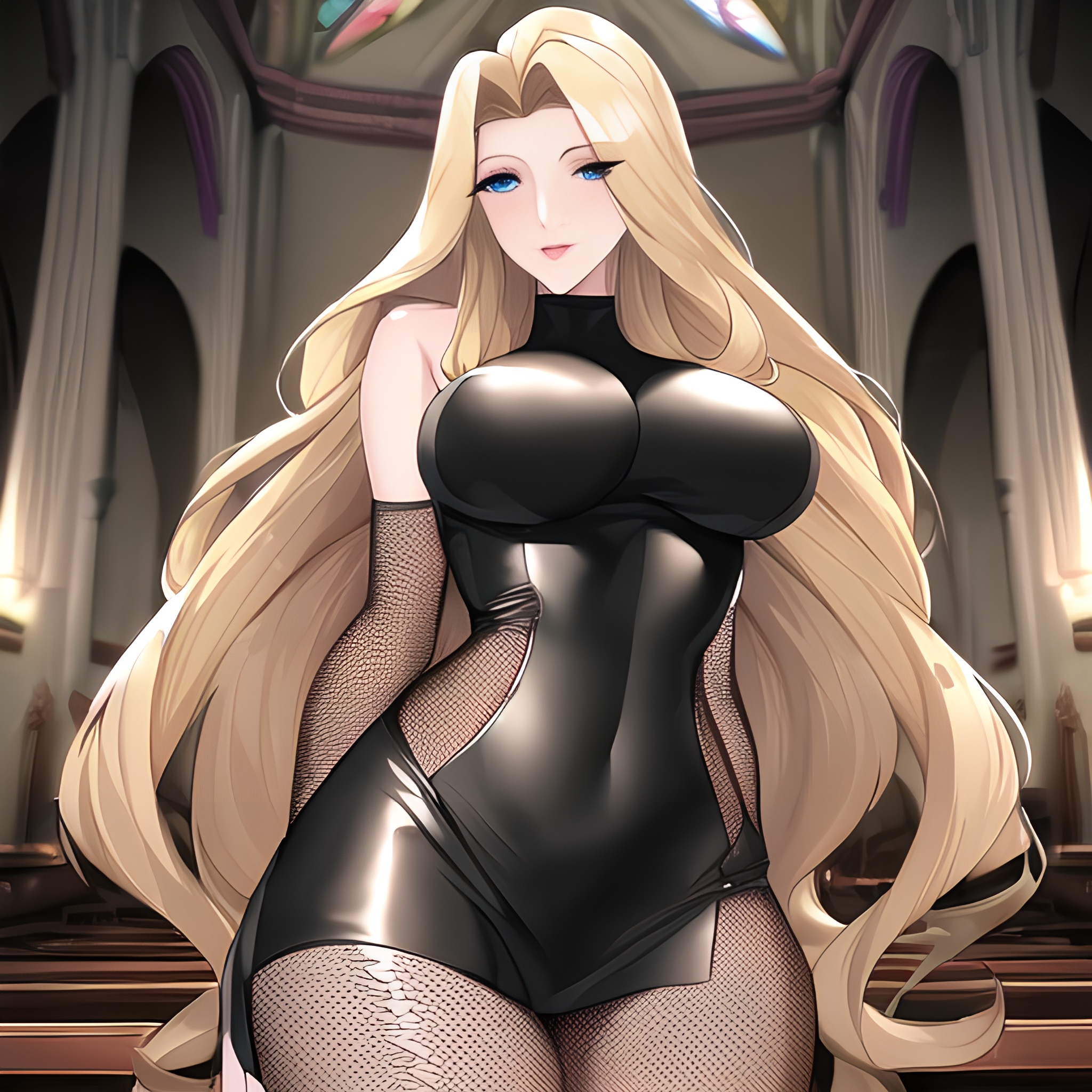 small boobs blonde woman long hair church front view fishnet nude 