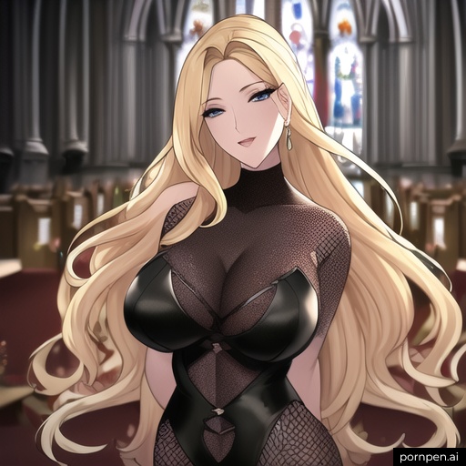 small boobs blonde woman long hair fishnet front view nude church 