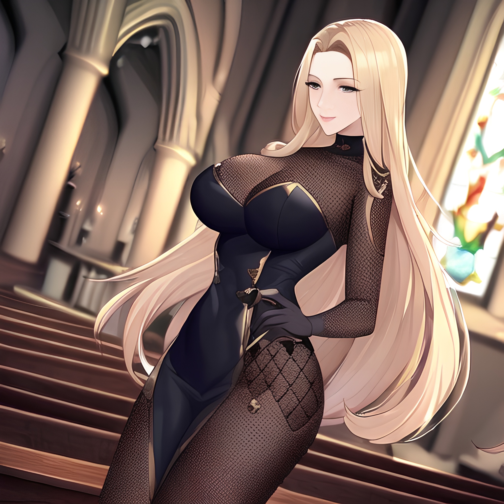 small boobs blonde woman nude church front view fishnet long hair 