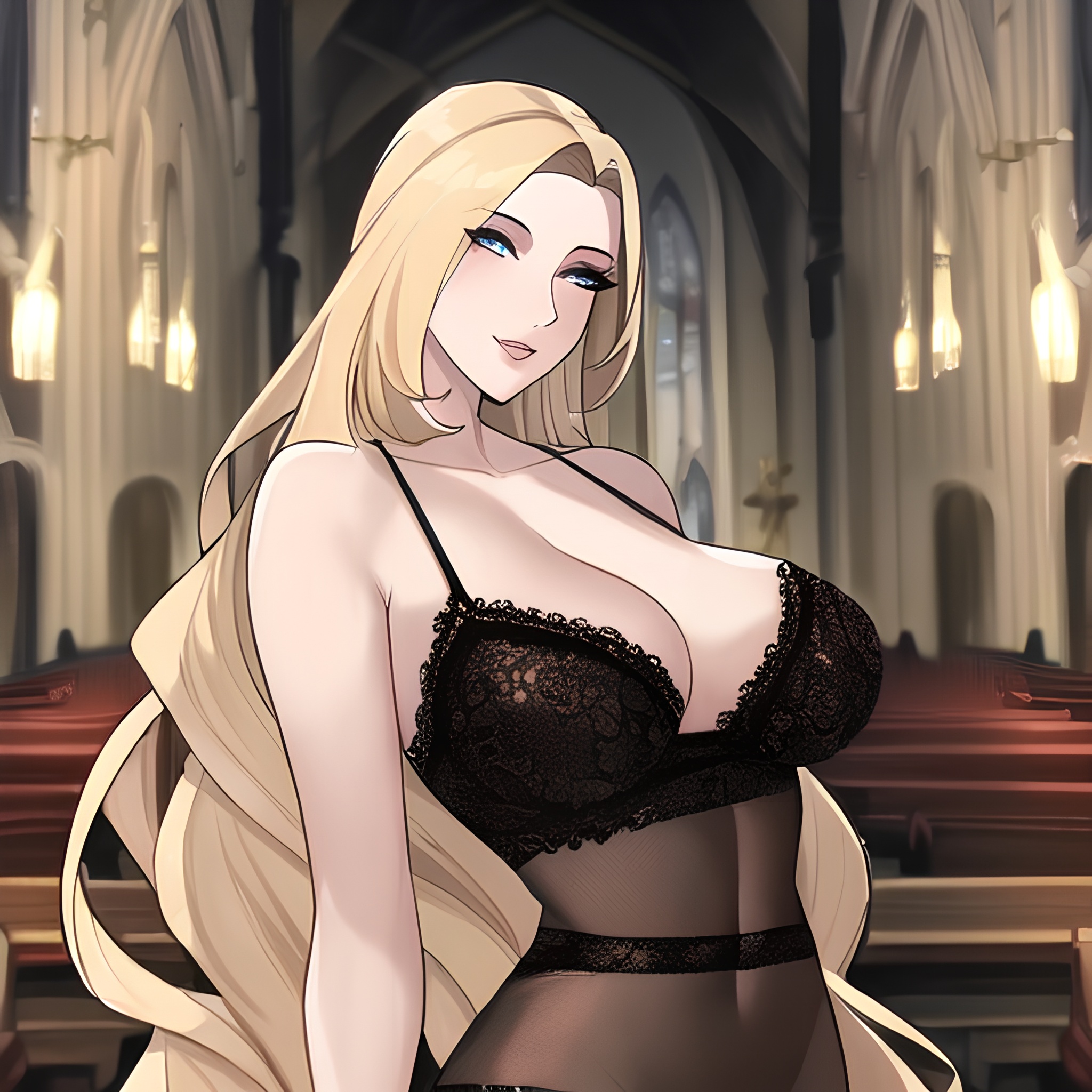 small boobs blonde woman nude long hair church fishnet front view 