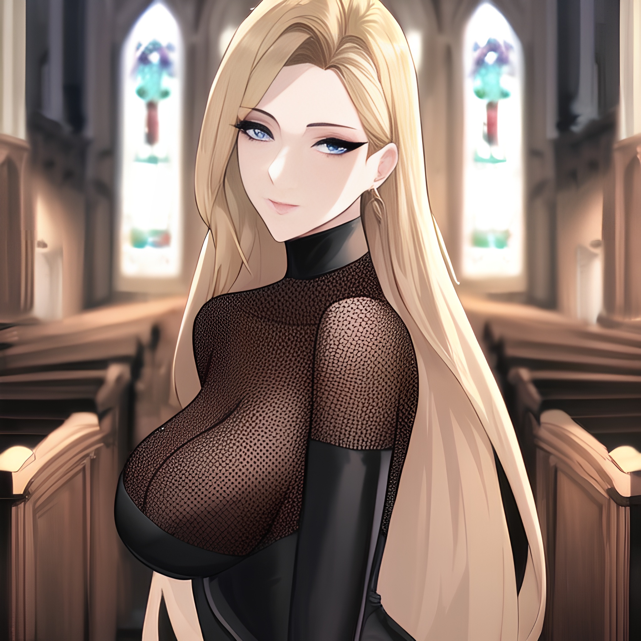 small boobs church blonde long hair fishnet front view woman nude 