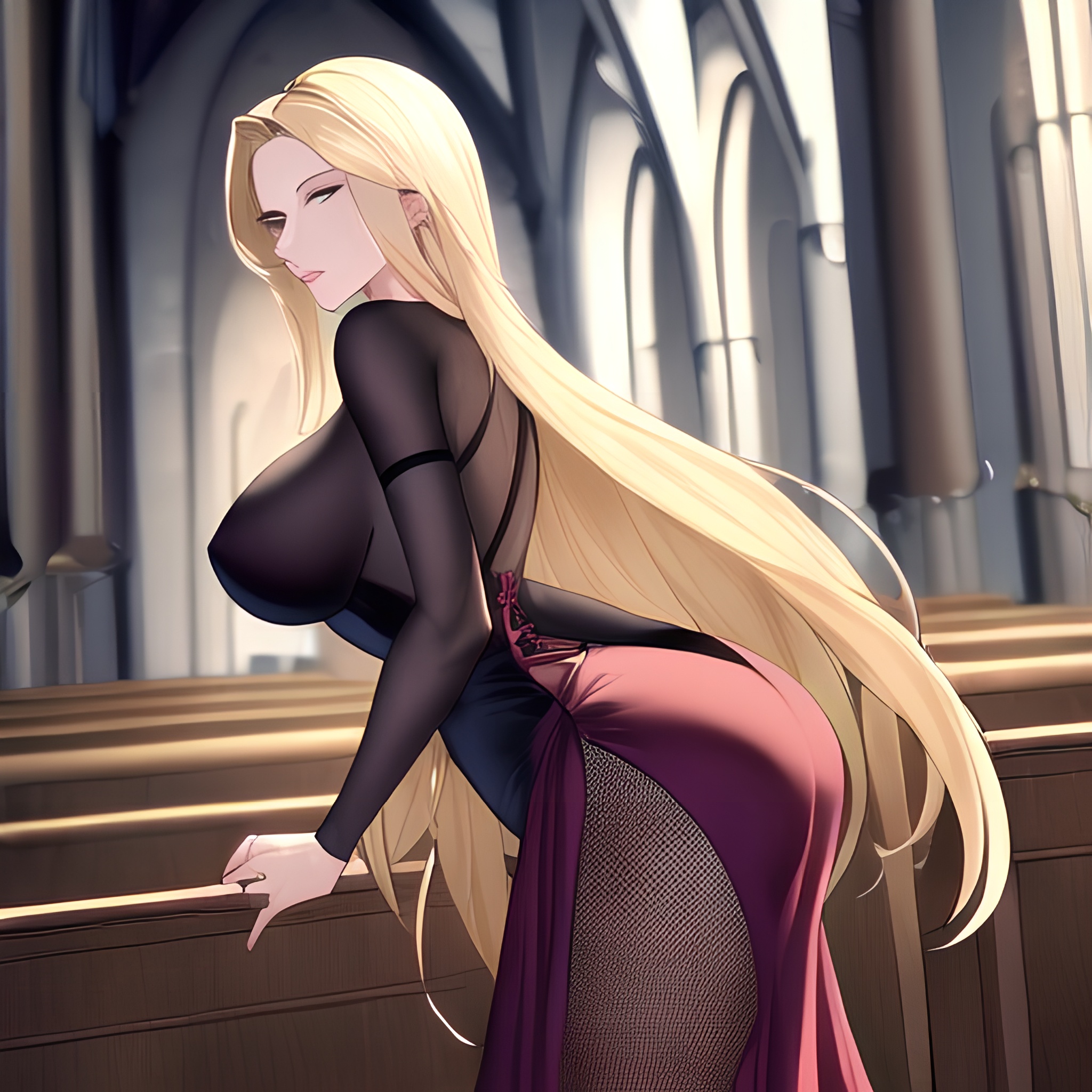 small boobs church fishnet nude front view woman blonde long hair 