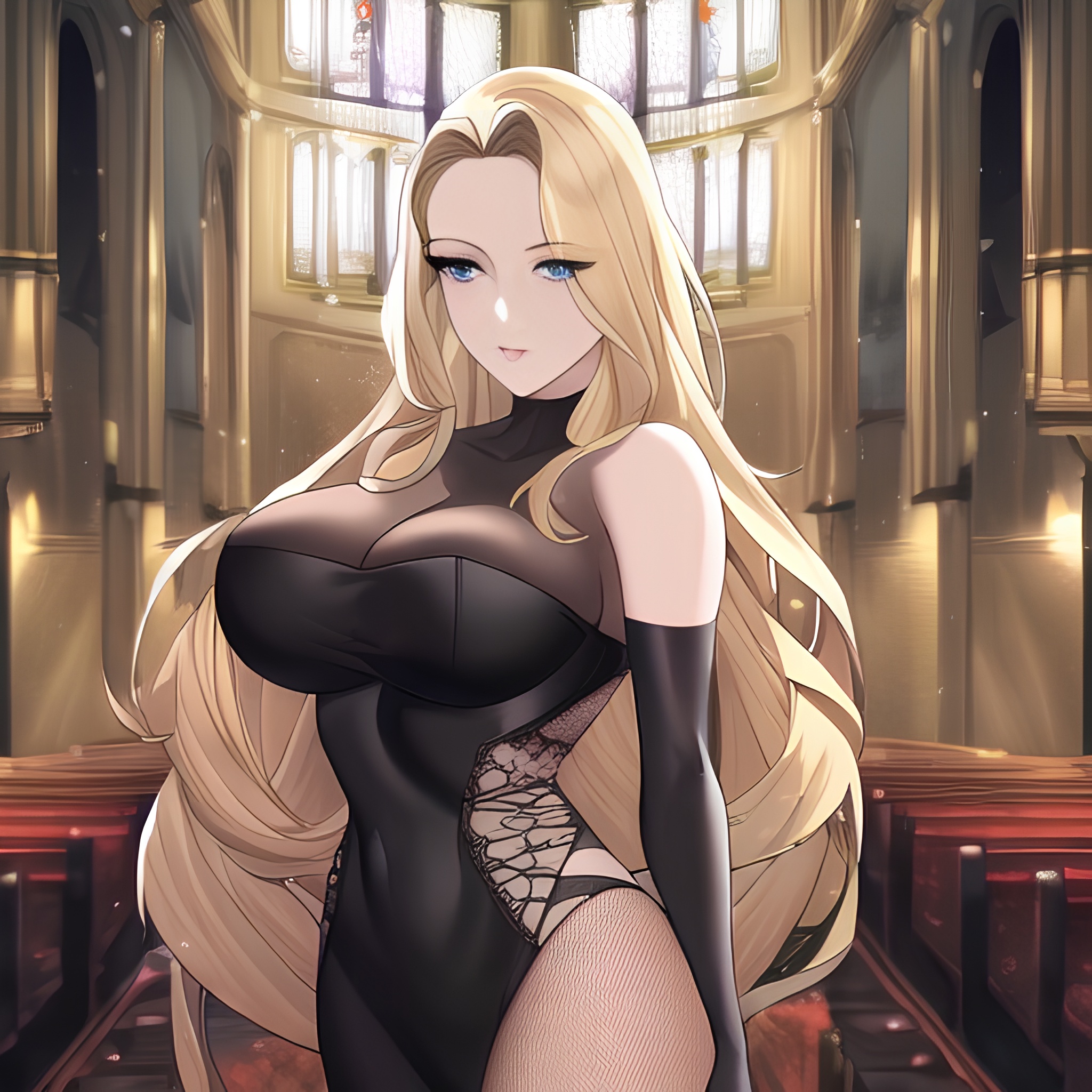 small boobs church fishnet nude woman long hair front view blonde 