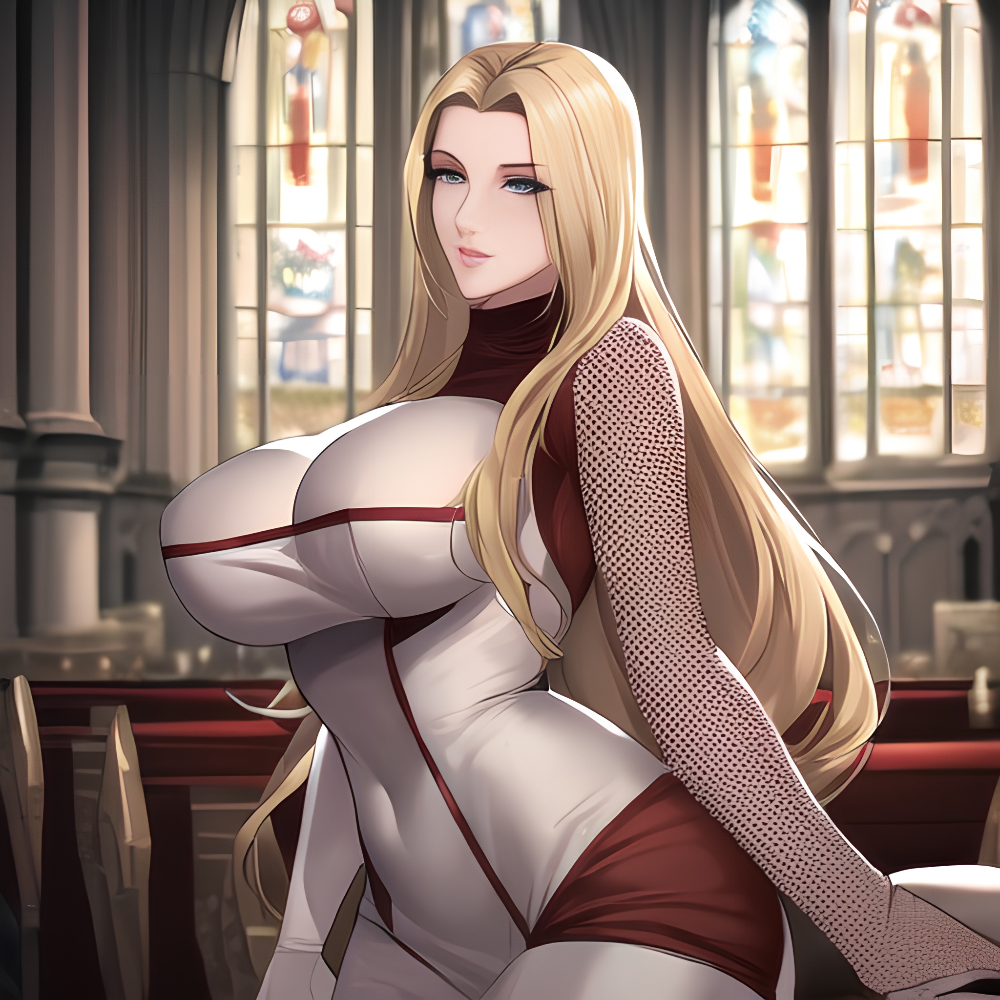 small boobs church front view blonde fishnet woman nude long hair 