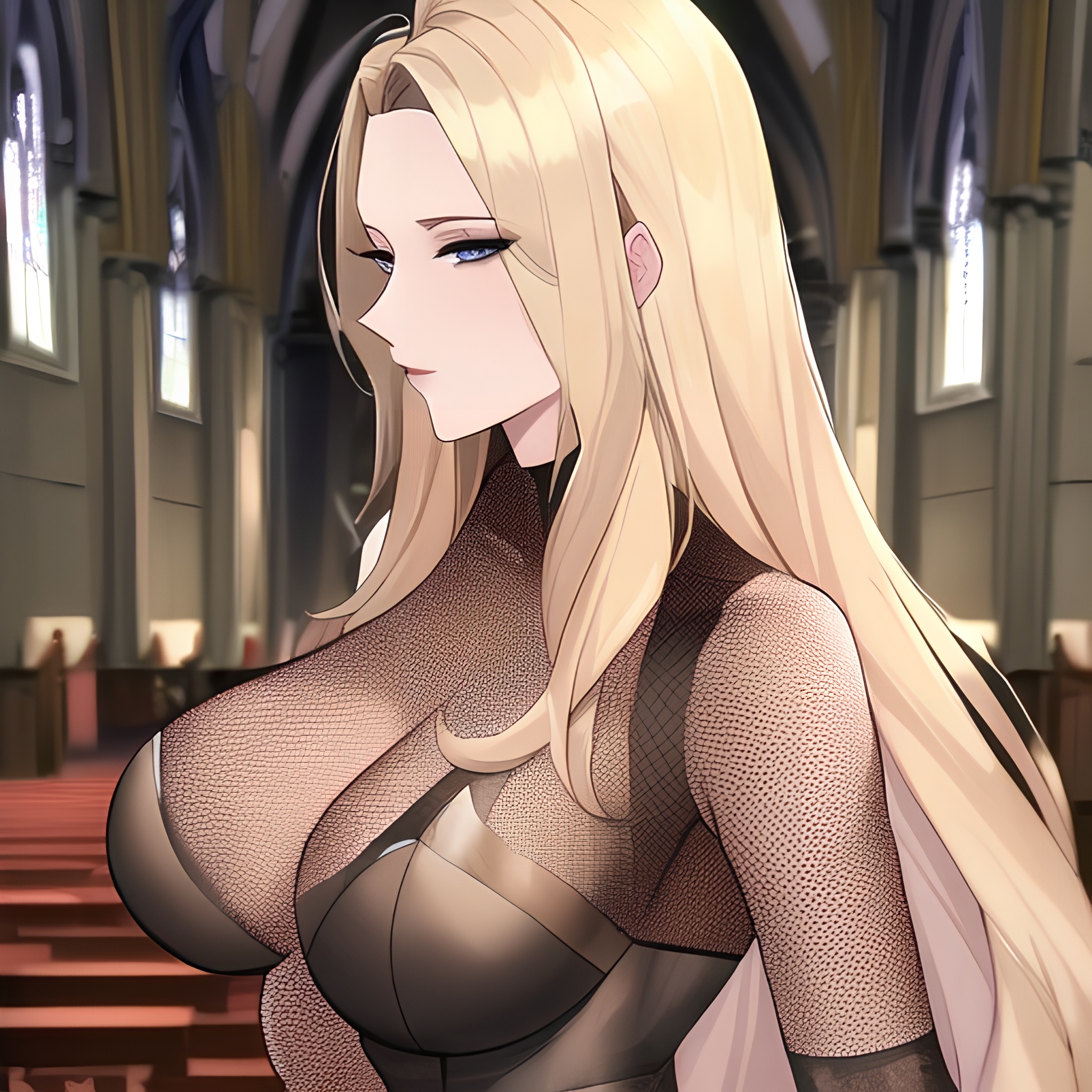 small boobs church front view long hair nude blonde woman fishnet 
