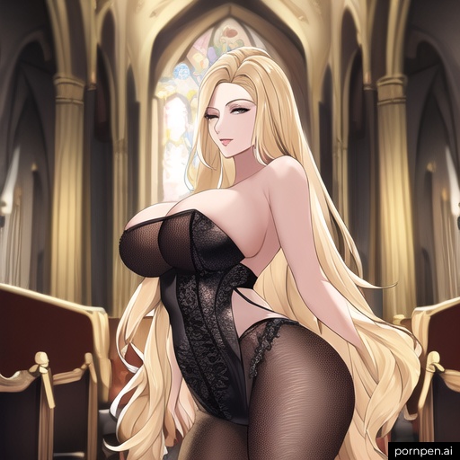 small boobs church long hair fishnet front view woman nude blonde 