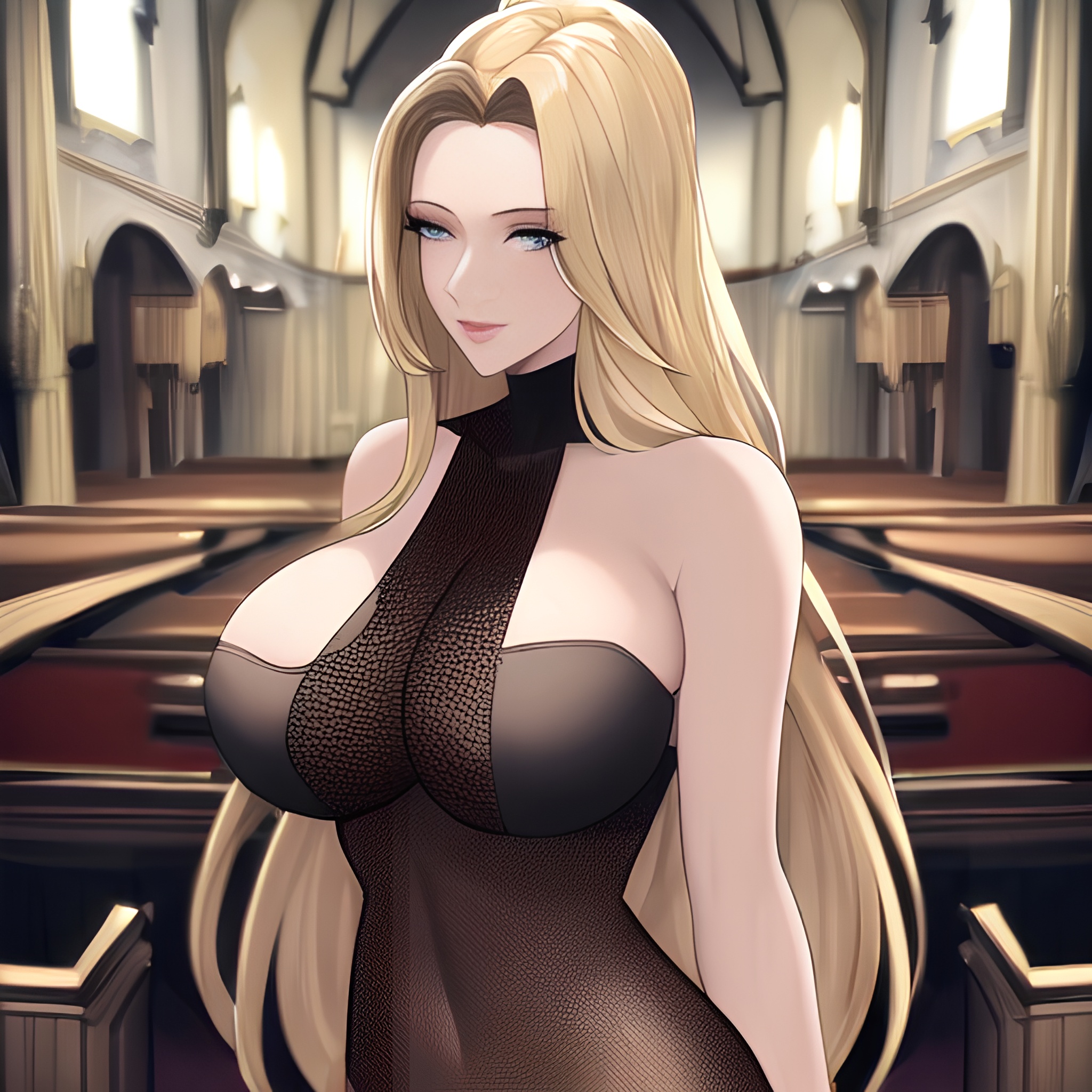 small boobs church woman front view blonde long hair nude fishnet 