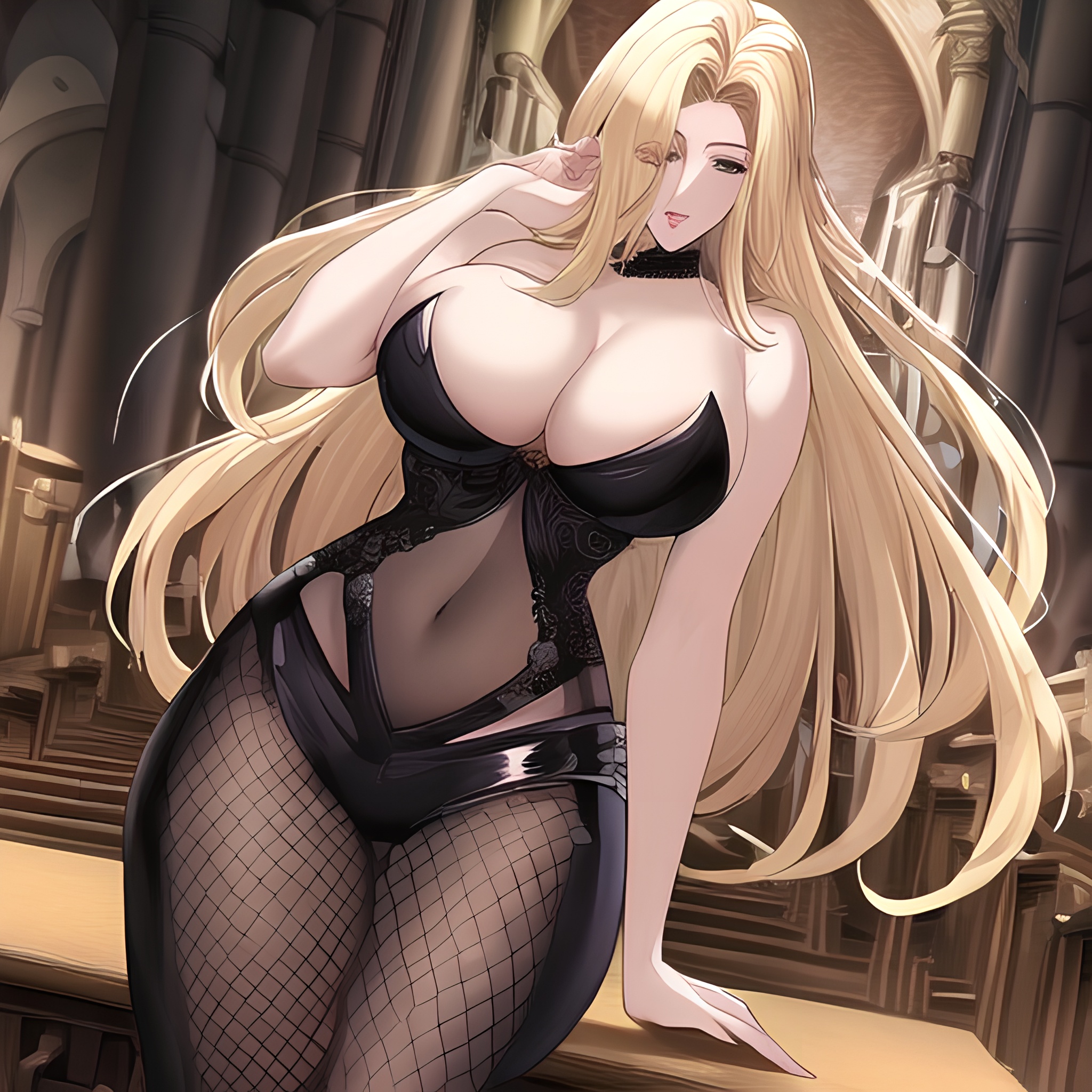 small boobs fishnet blonde church long hair woman nude front view 