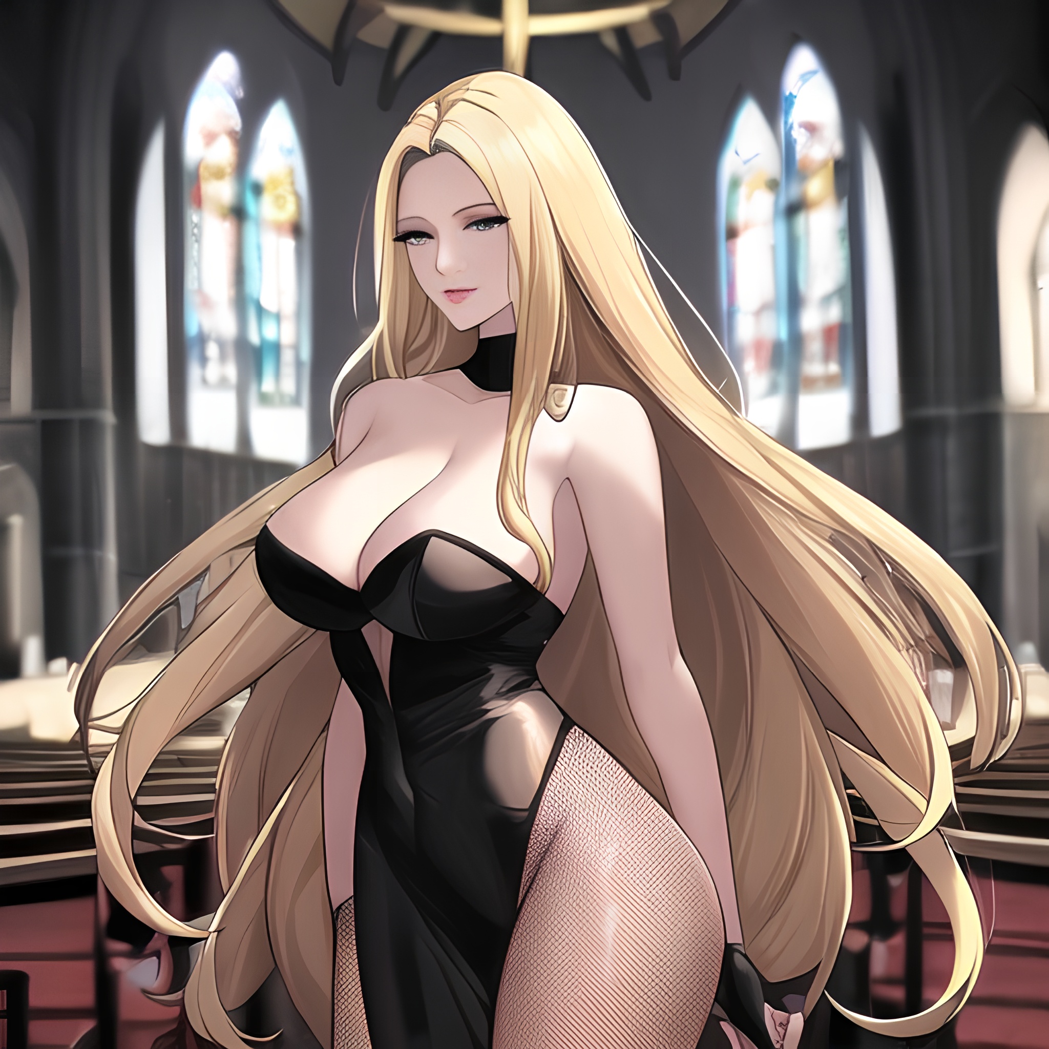 small boobs fishnet blonde front view long hair woman church nude 