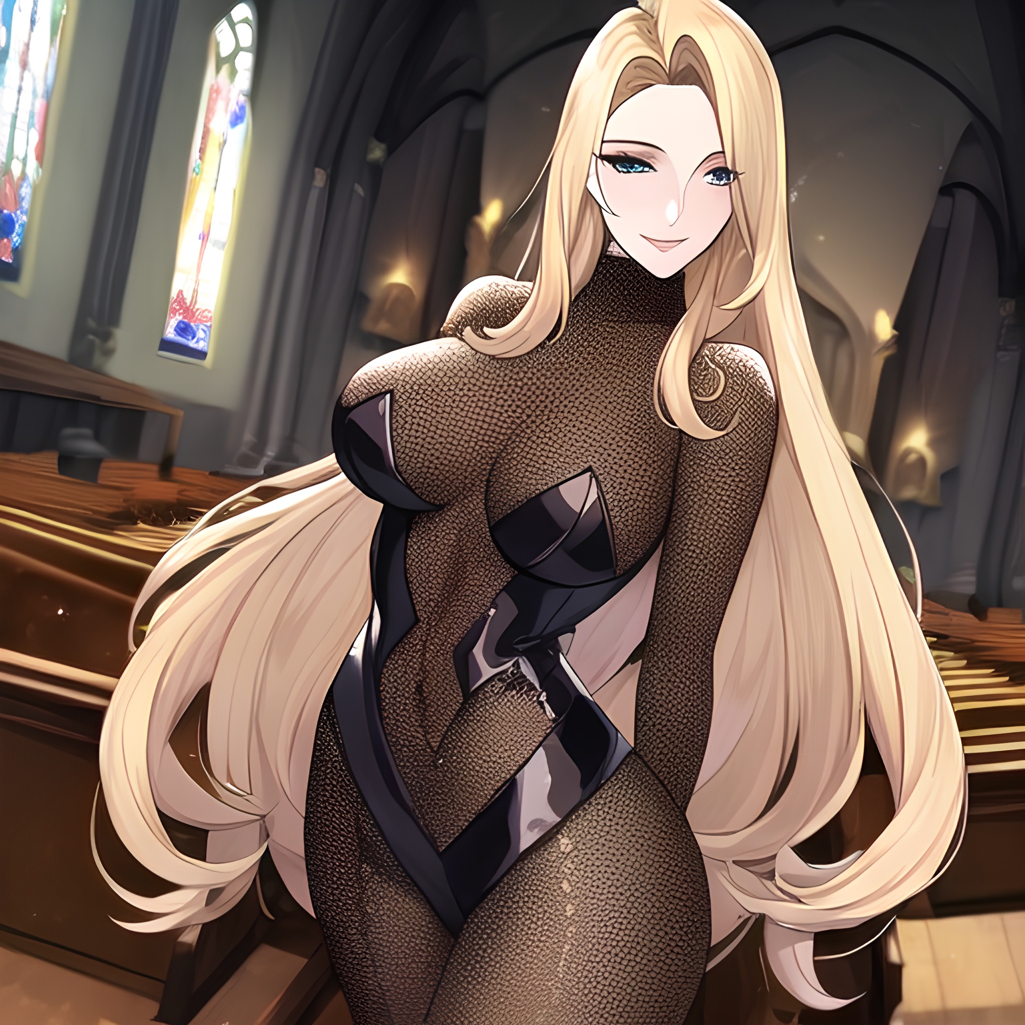 small boobs fishnet blonde nude church front view long hair woman 