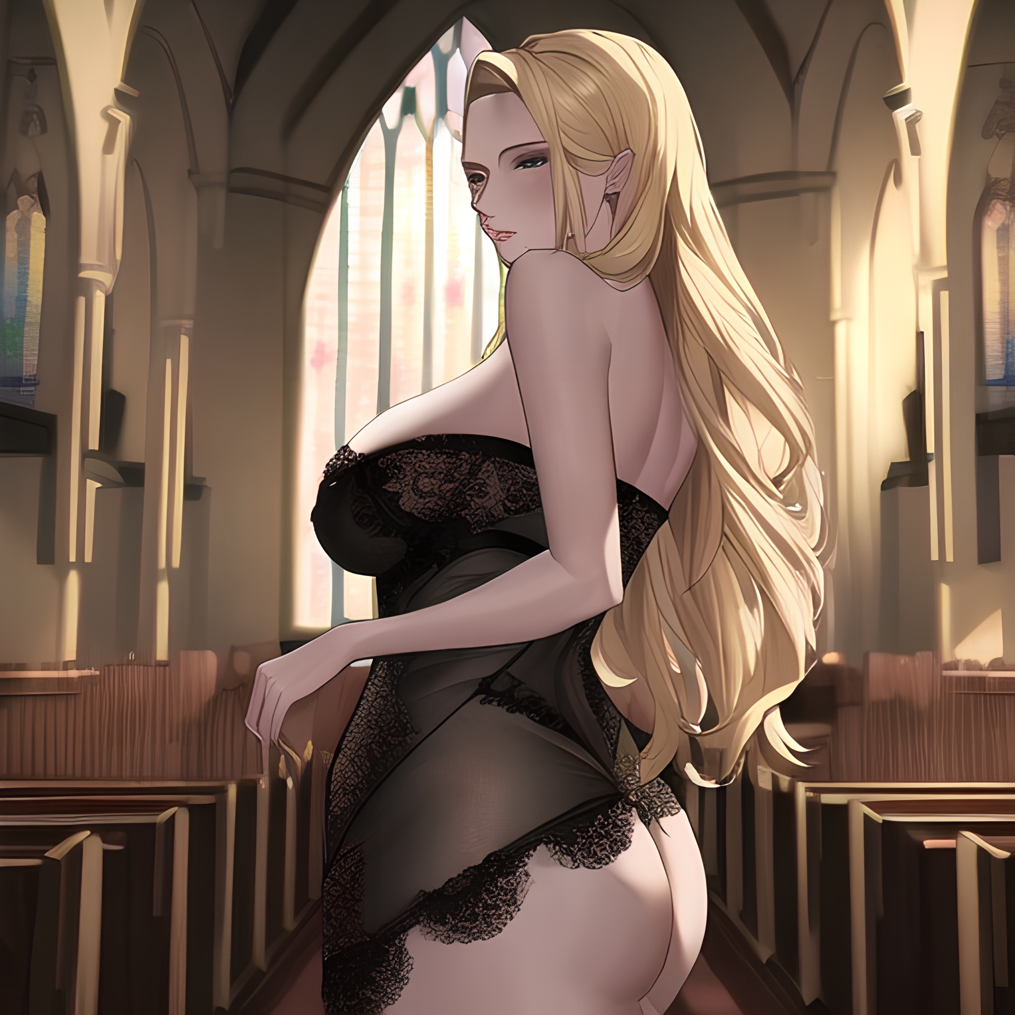 small boobs fishnet church woman long hair blonde front view nude 