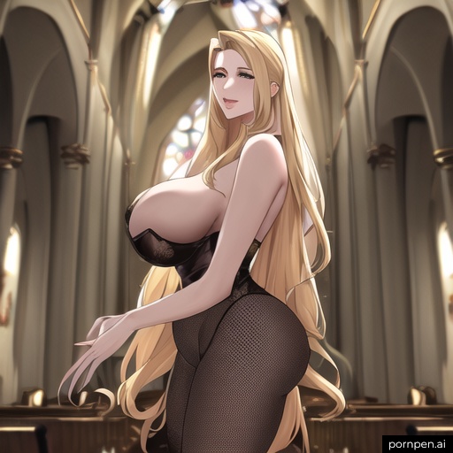 small boobs fishnet long hair woman church front view nude blonde 