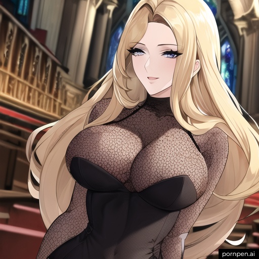 small boobs fishnet long hair woman nude front view blonde church 