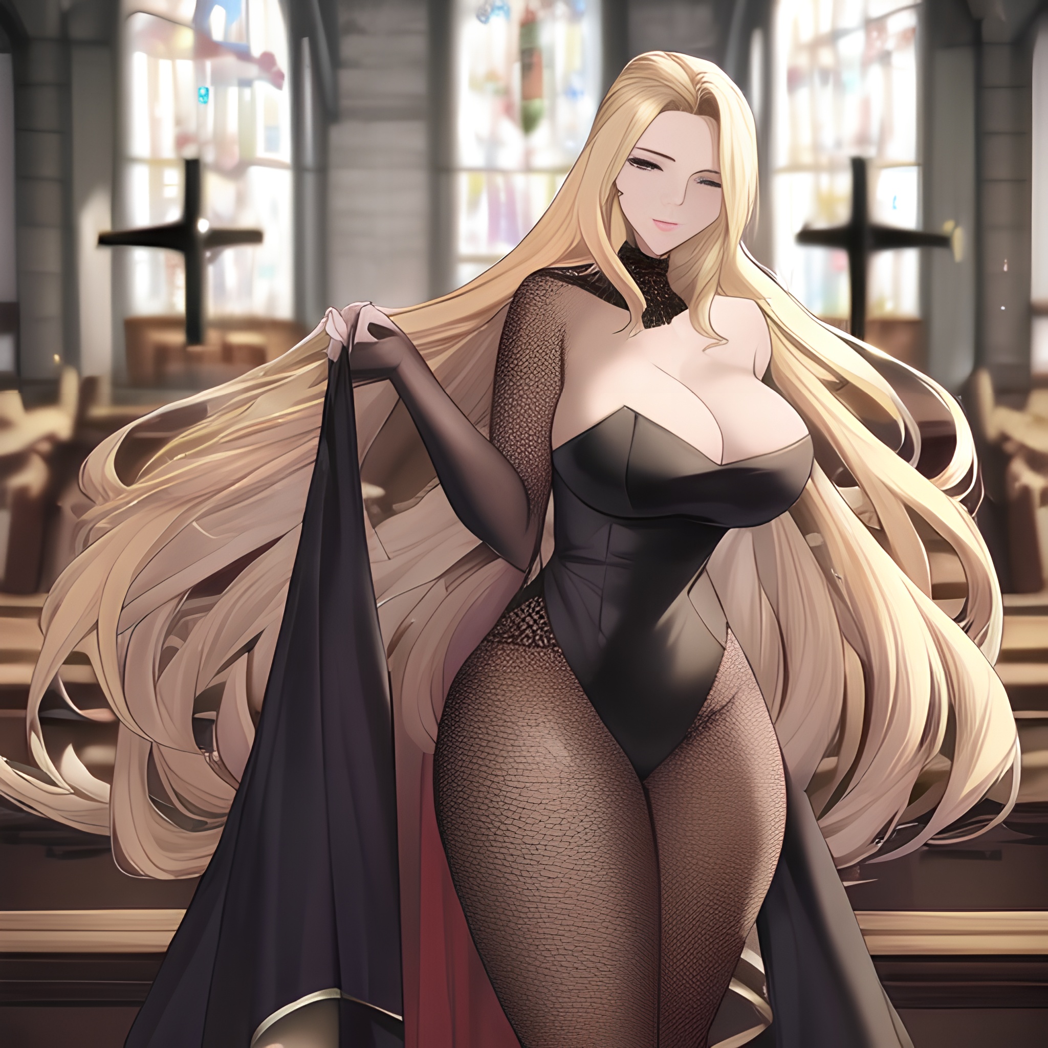 small boobs fishnet nude long hair blonde front view church woman 