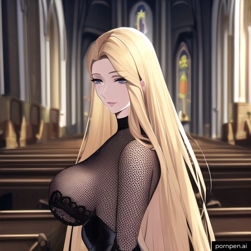 small boobs fishnet nude long hair front view woman church blonde 