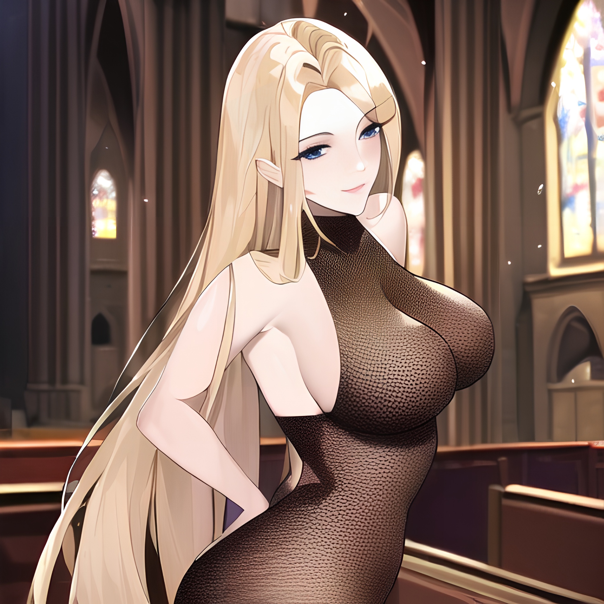 small boobs fishnet woman long hair blonde front view church nude 