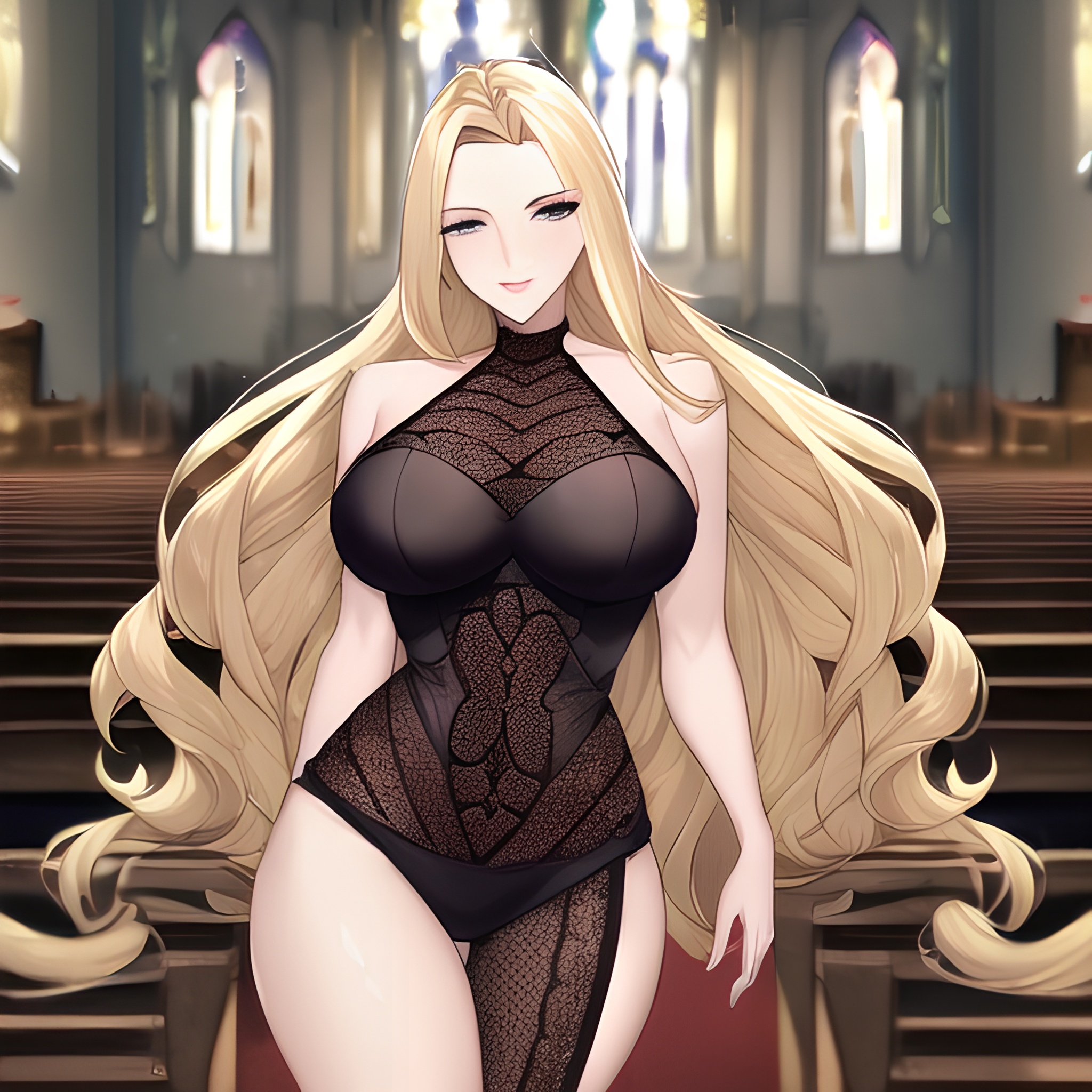 small boobs fishnet woman nude church front view long hair blonde 