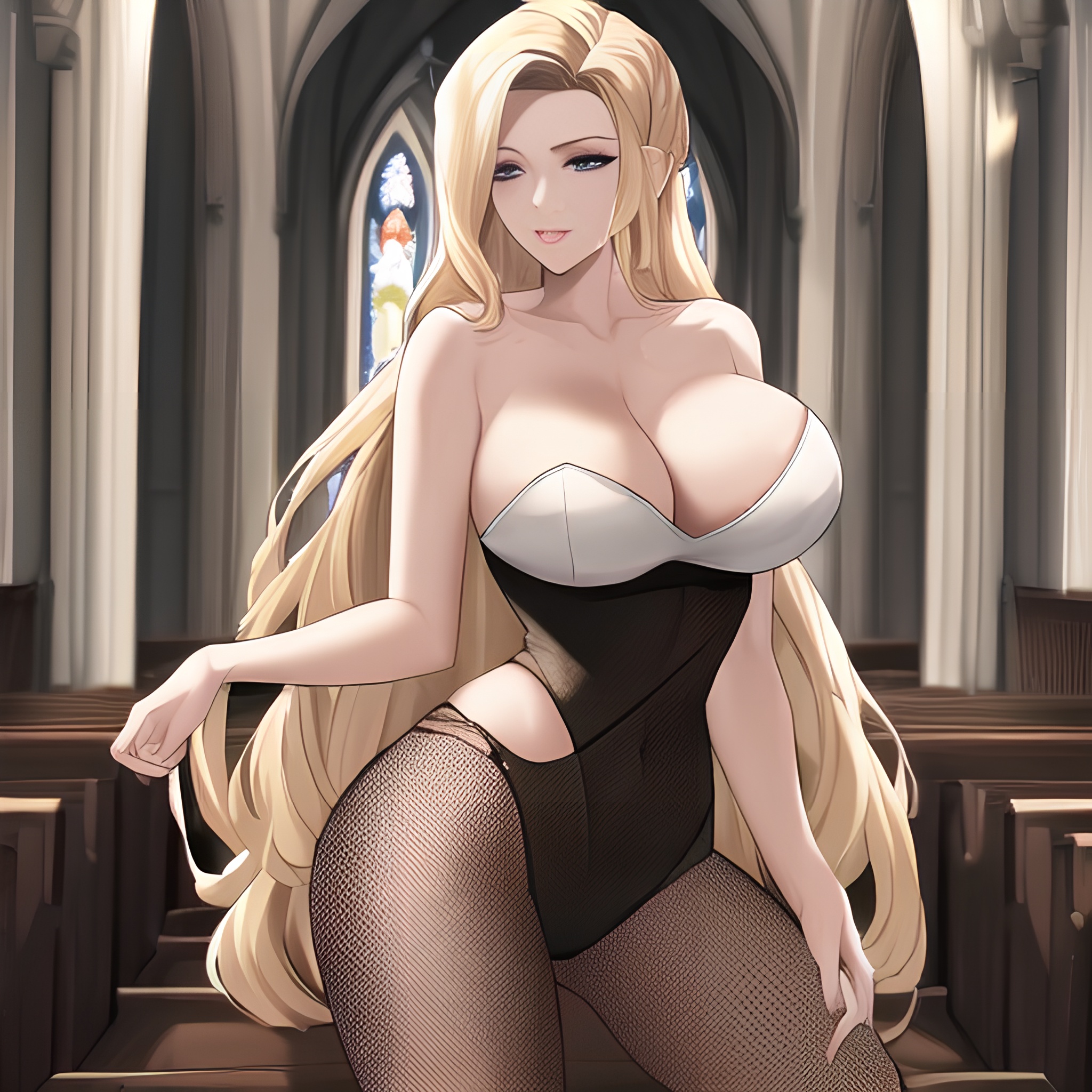small boobs fishnet woman nude church long hair front view blonde 