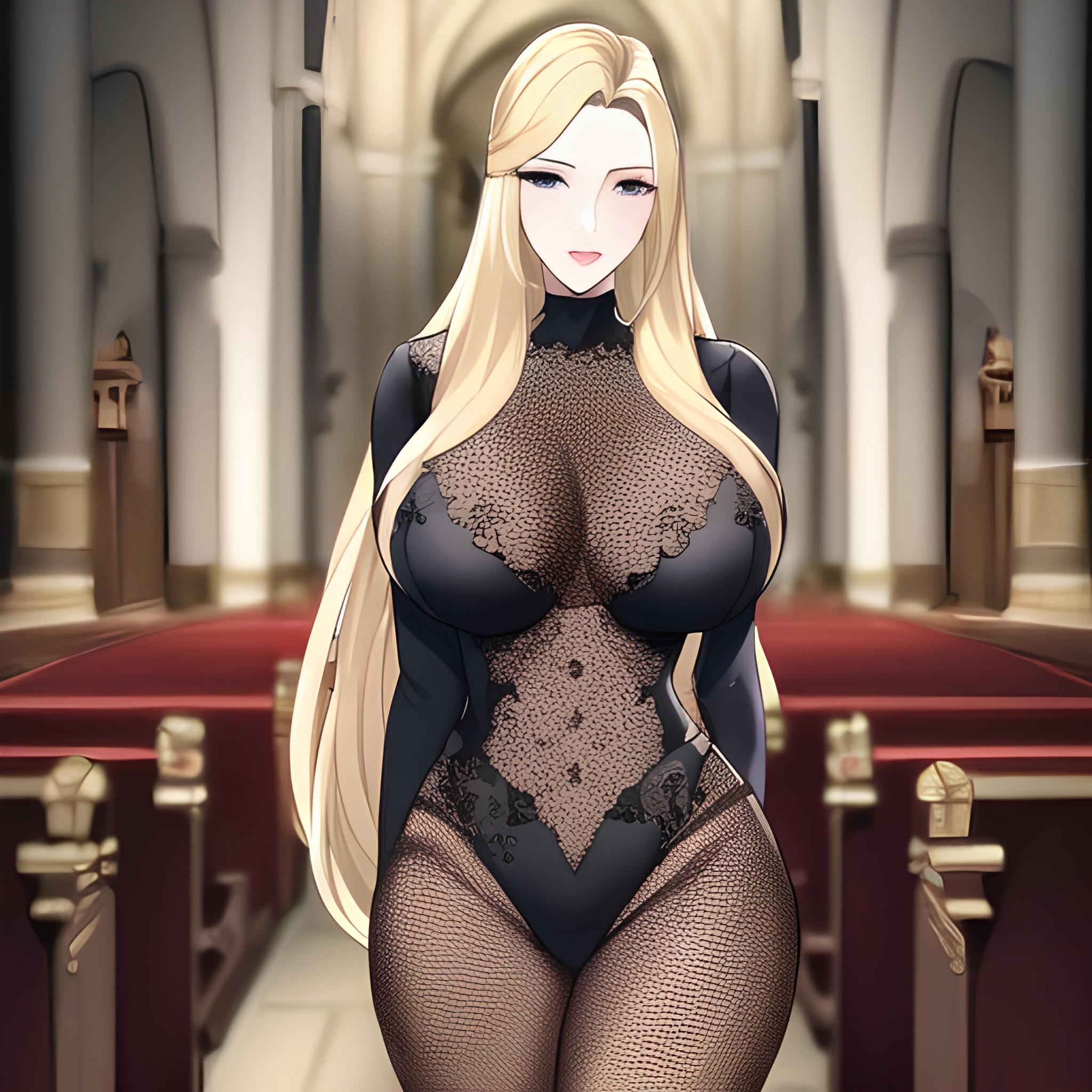 small boobs fishnet woman nude front view church blonde long hair 
