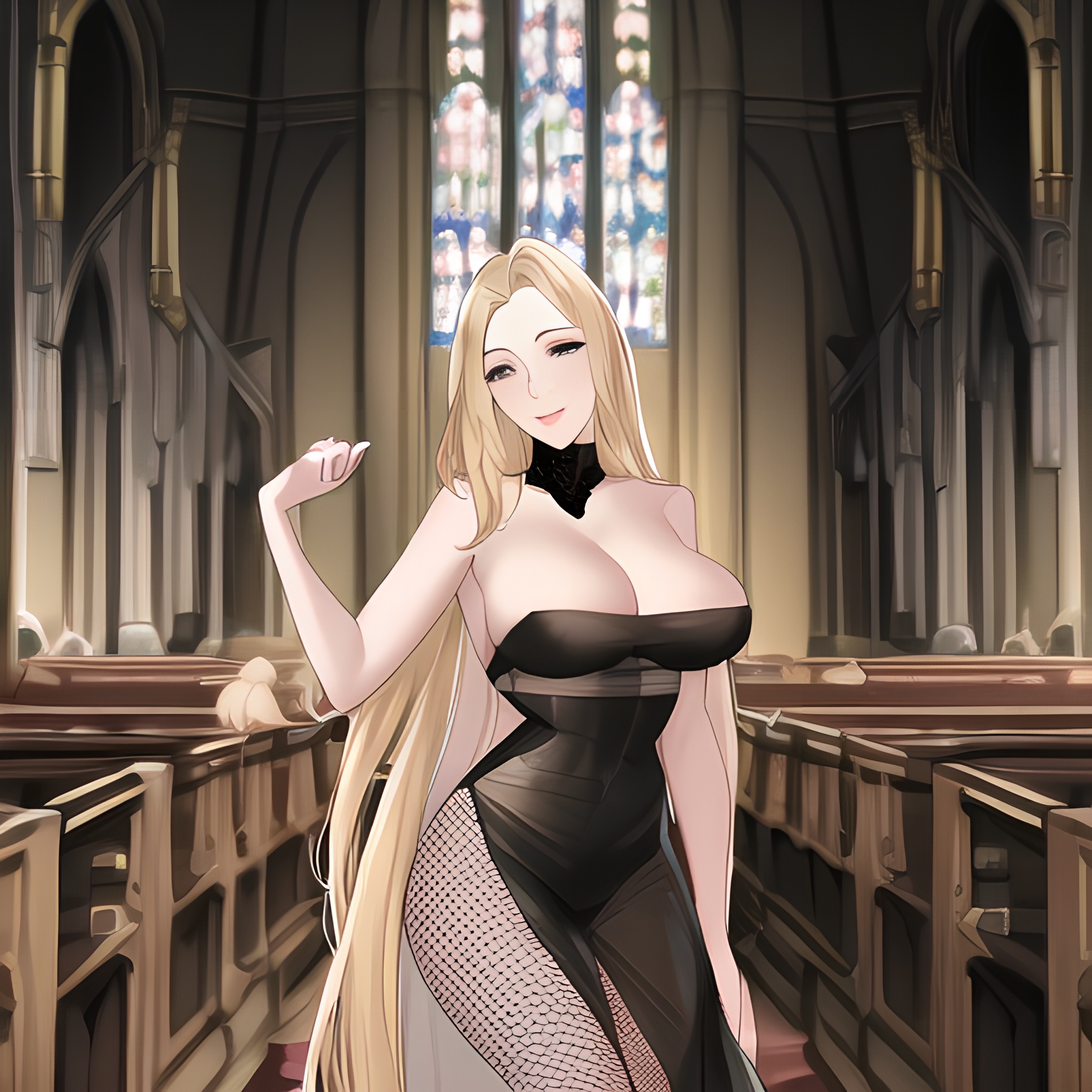 small boobs front view blonde long hair fishnet church nude woman 