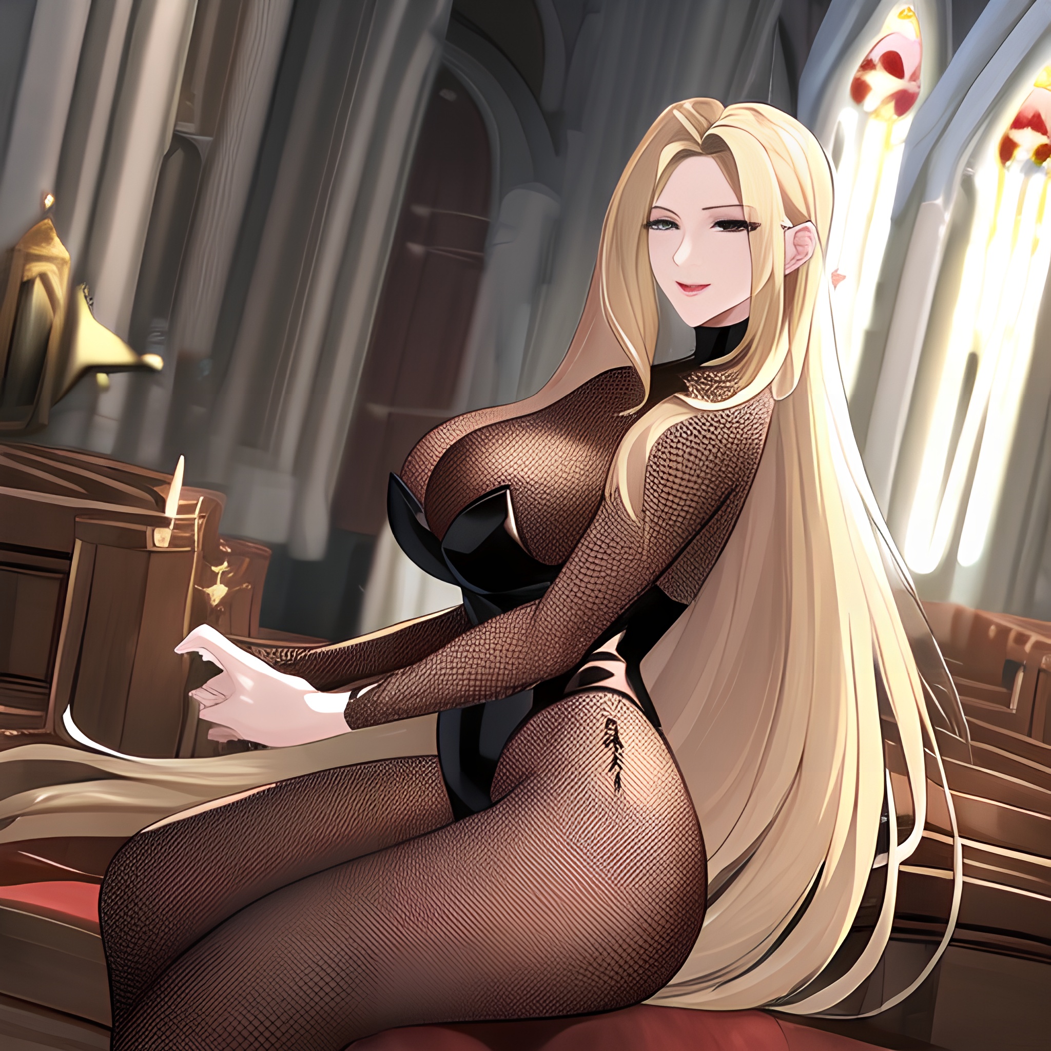 small boobs front view blonde woman long hair nude fishnet church 