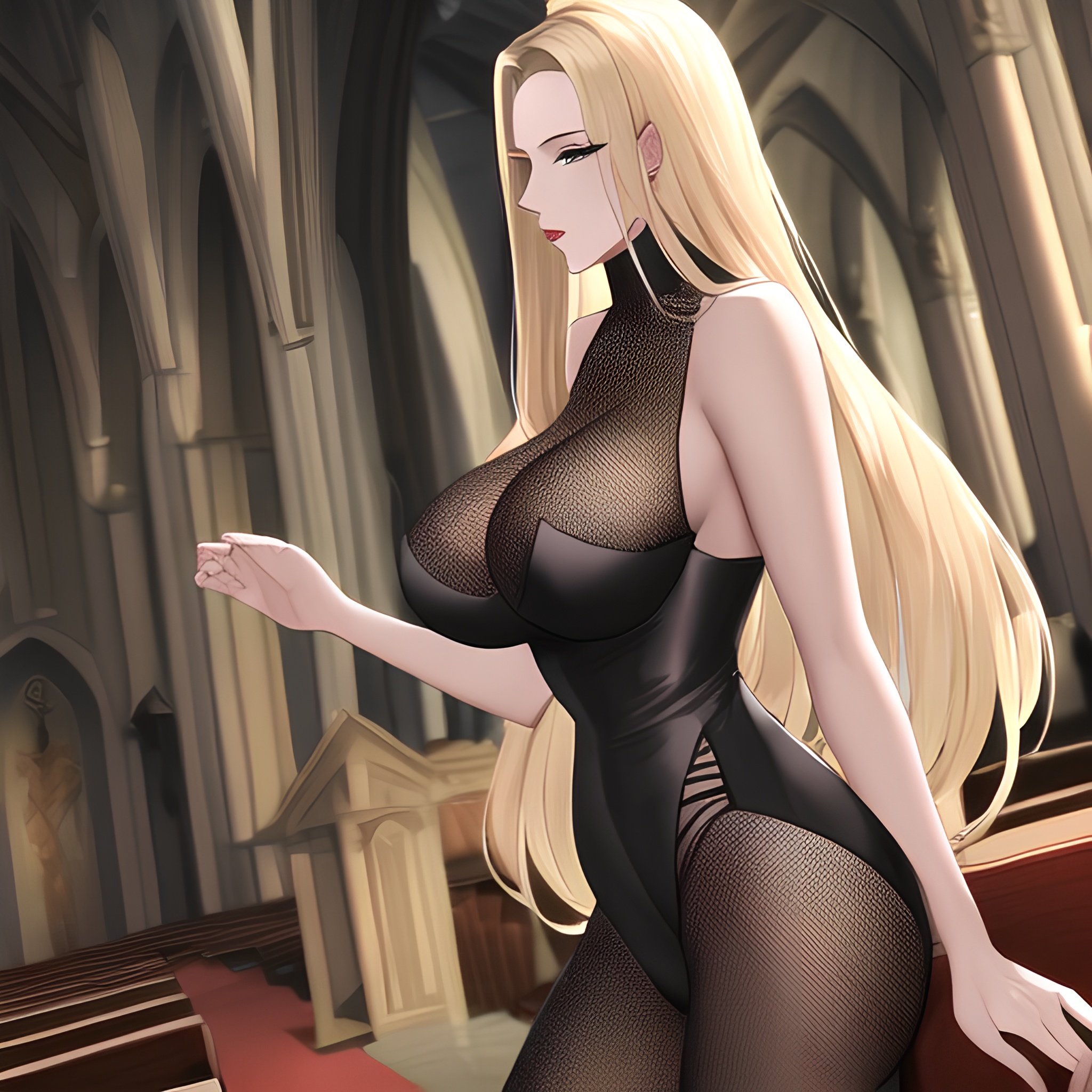 small boobs front view blonde woman nude long hair fishnet church 