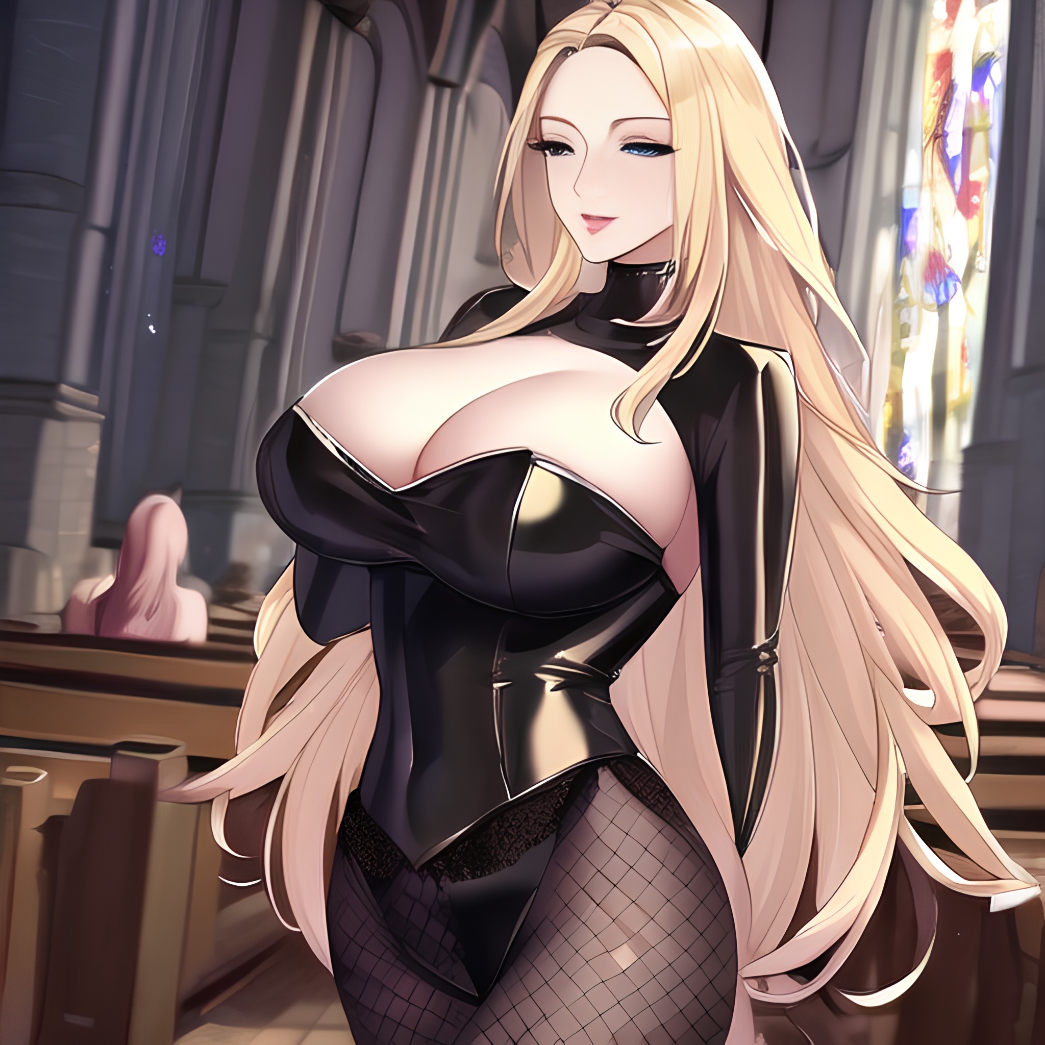 small boobs front view fishnet long hair woman blonde nude church 
