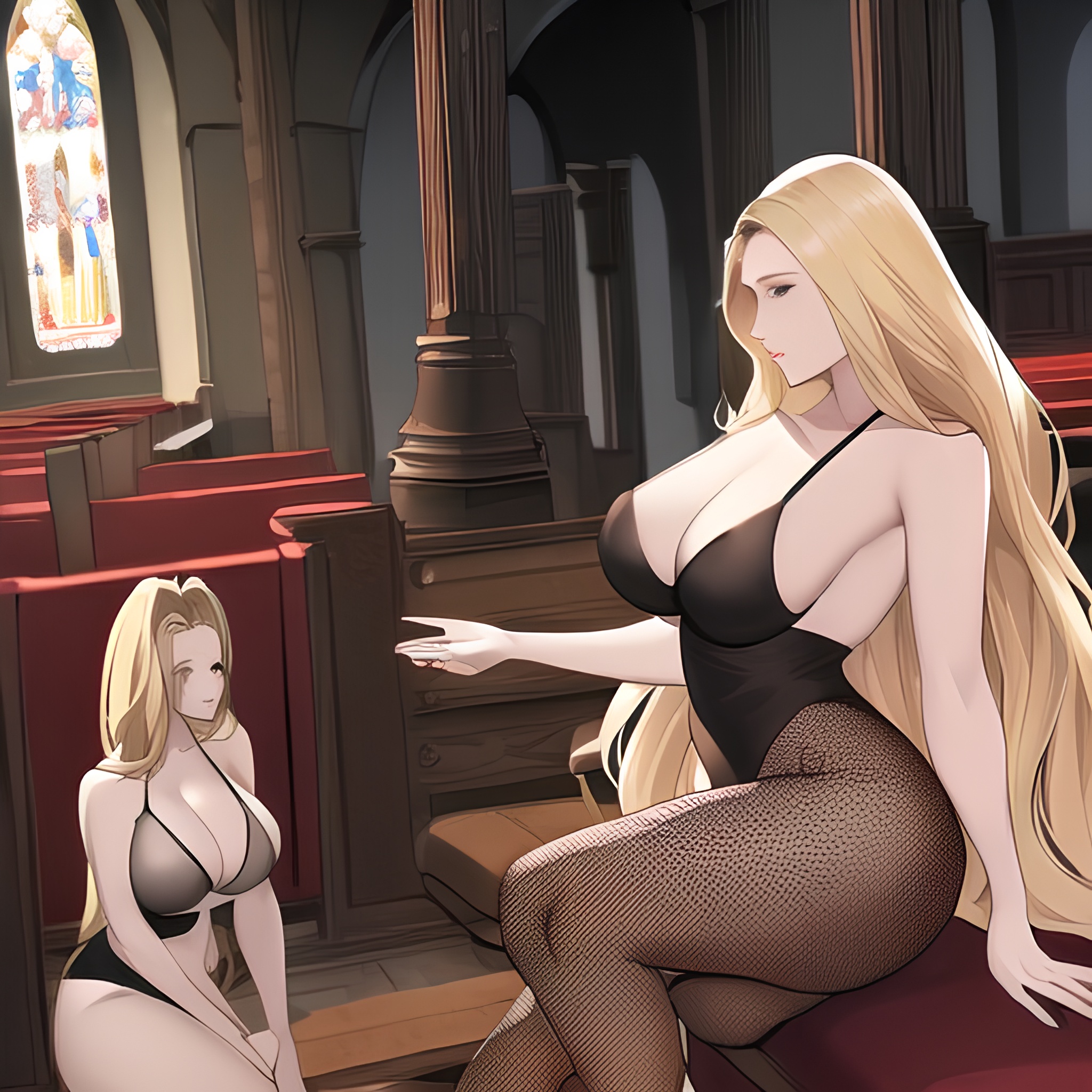 small boobs front view fishnet nude long hair blonde woman church 