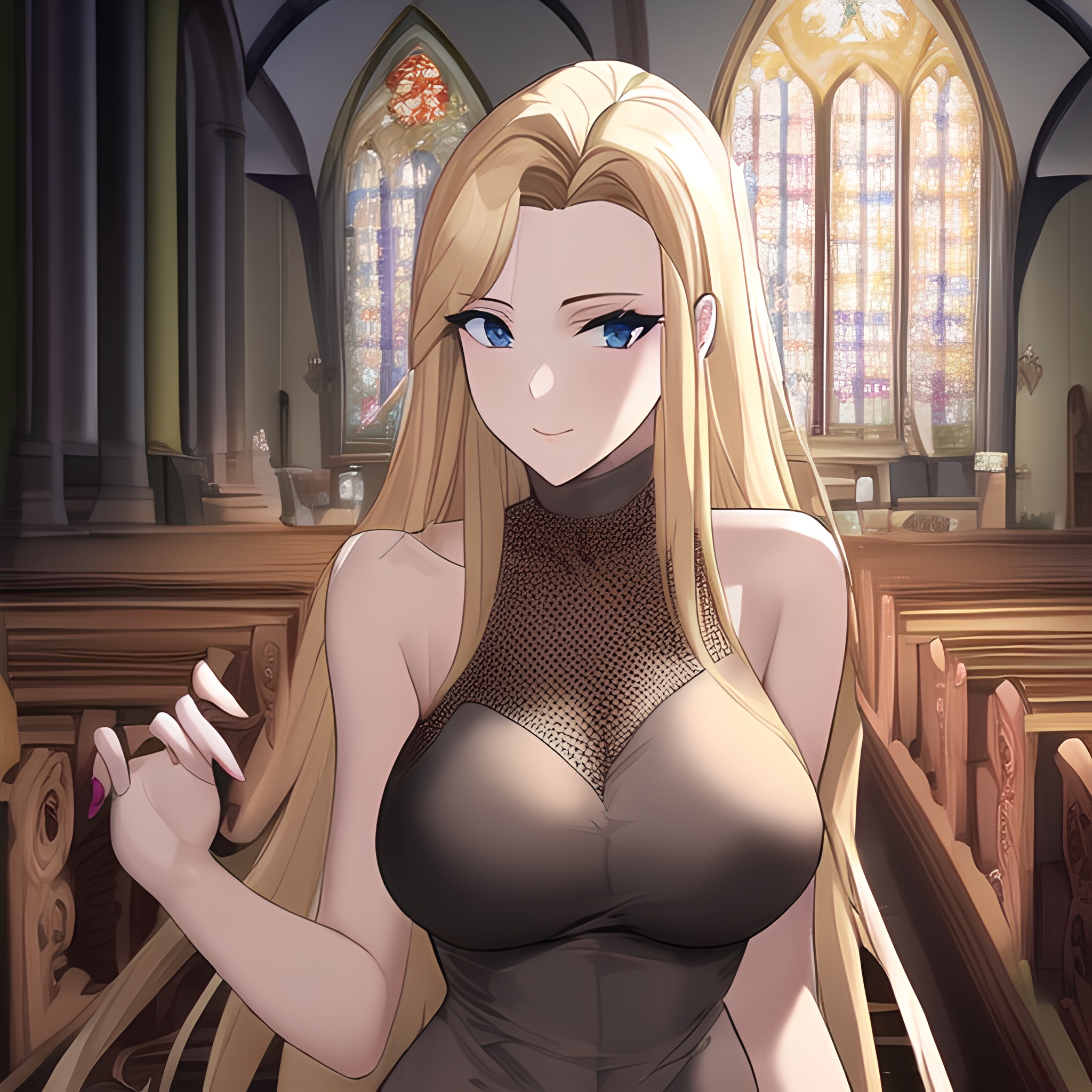 small boobs front view long hair fishnet blonde nude woman church 