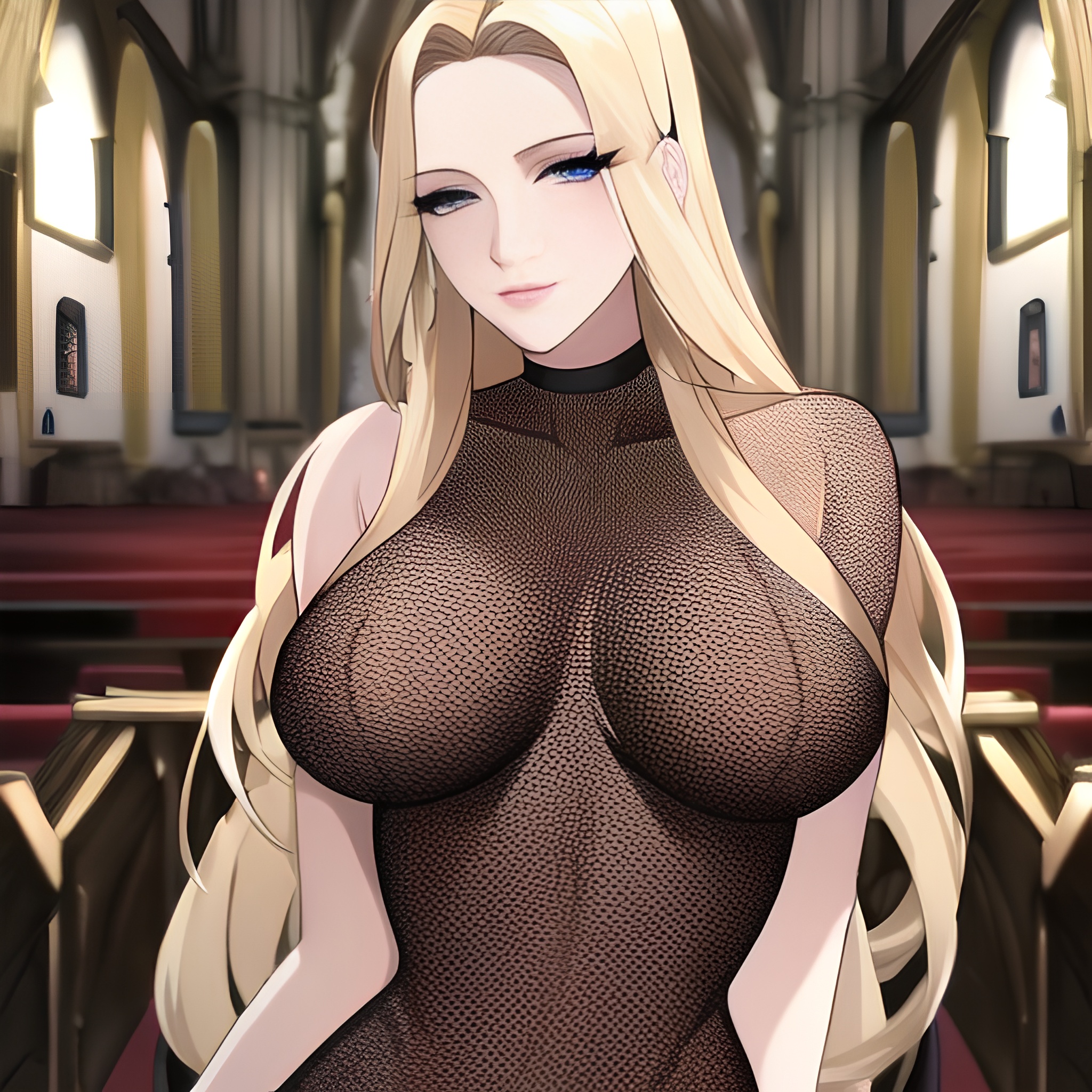 small boobs front view nude blonde woman church fishnet long hair 