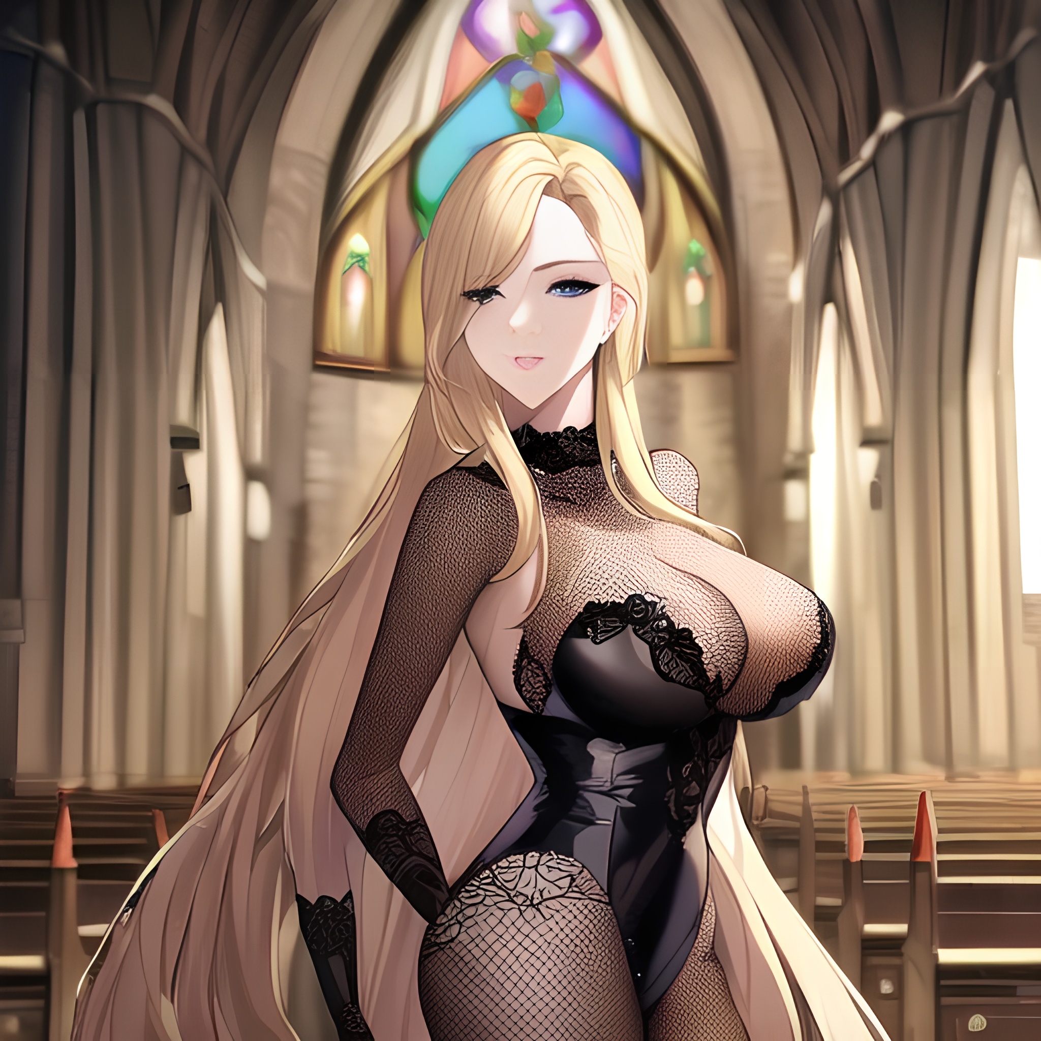 small boobs front view nude church blonde long hair woman fishnet 