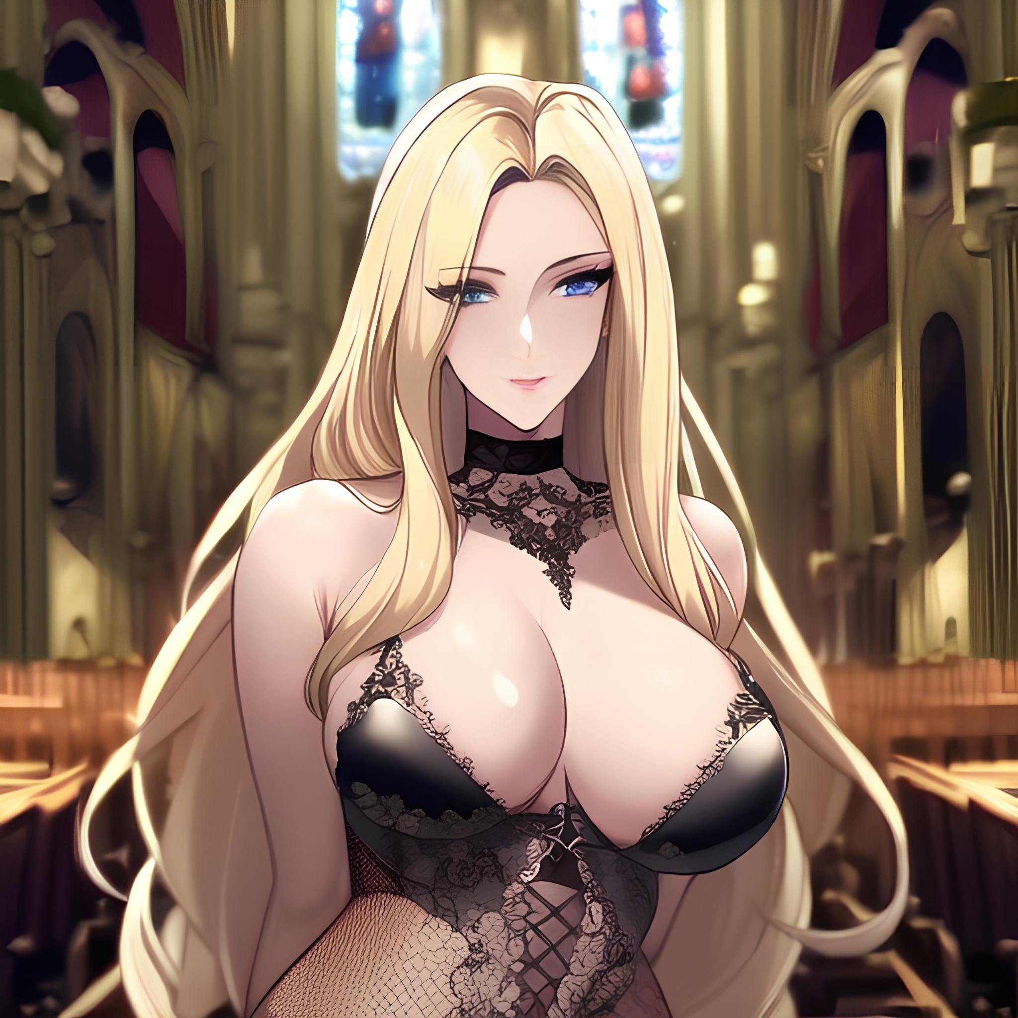 small boobs front view nude fishnet church long hair blonde woman 