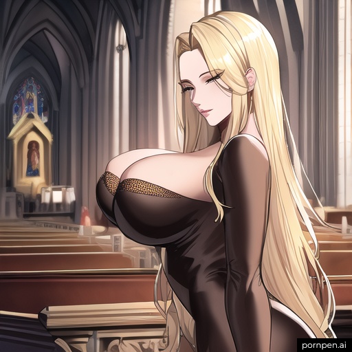 small boobs long hair church nude woman front view blonde fishnet 