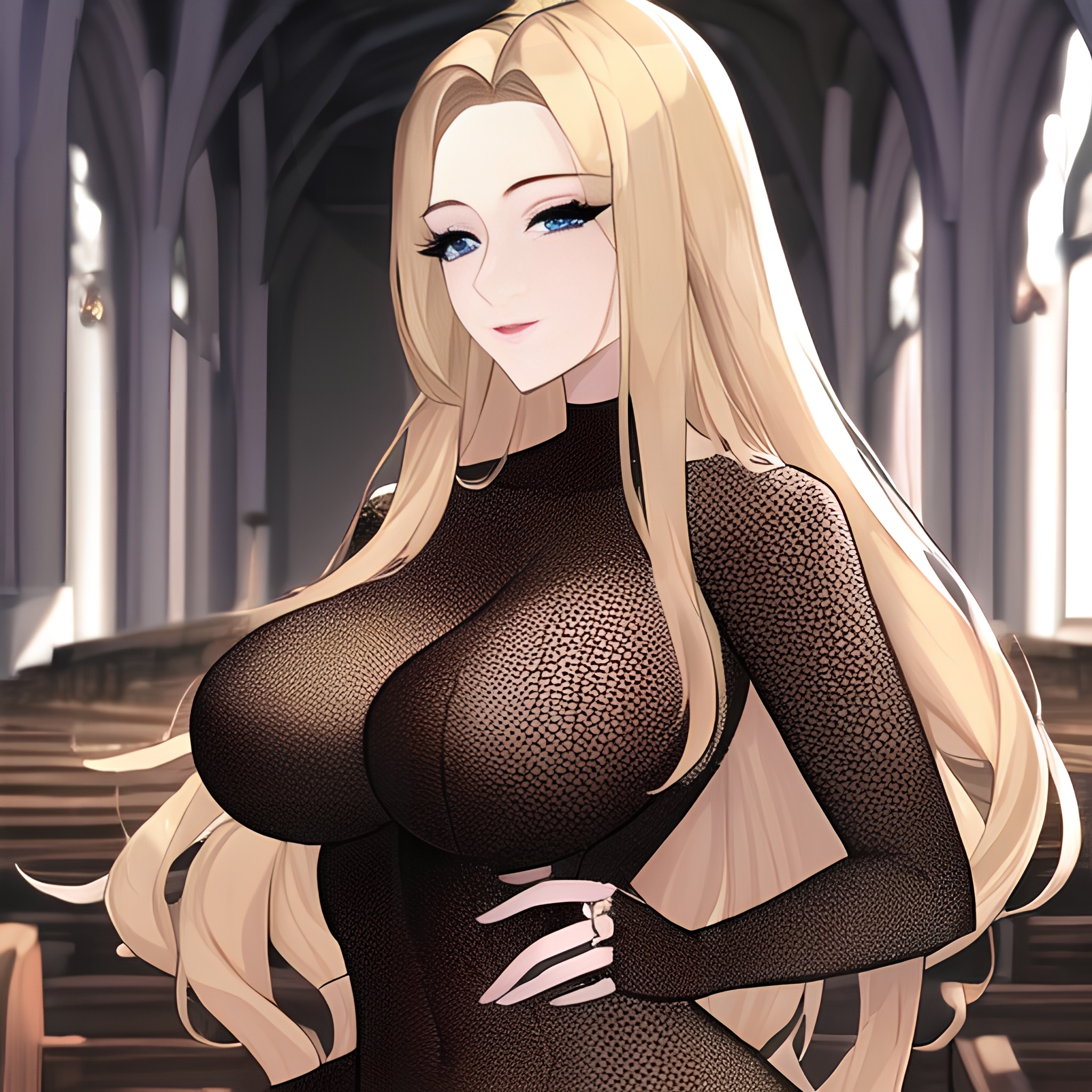 small boobs long hair woman blonde church front view nude fishnet 