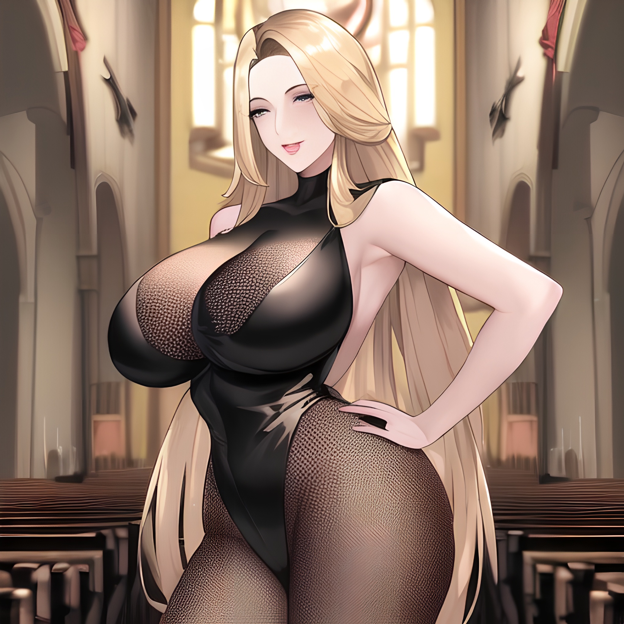 small boobs long hair woman fishnet front view church blonde nude