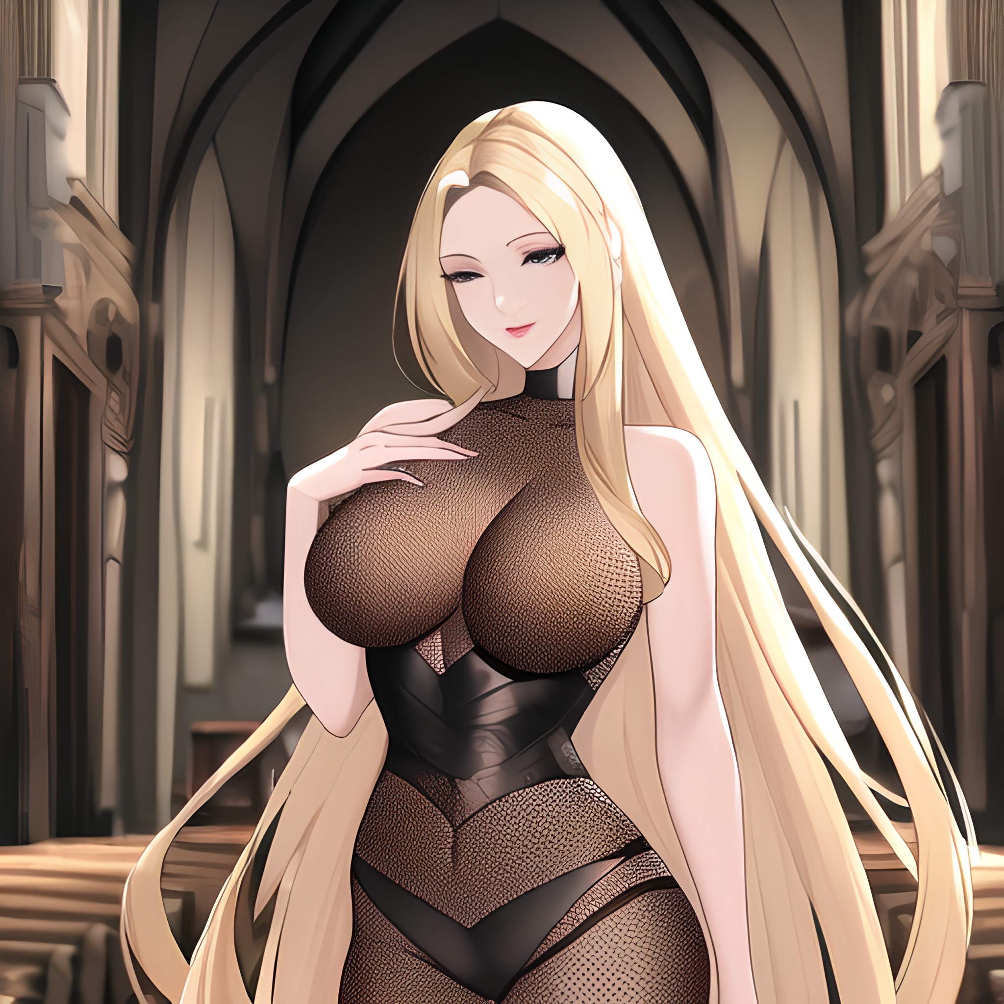small boobs nude blonde church fishnet front view long hair woman 