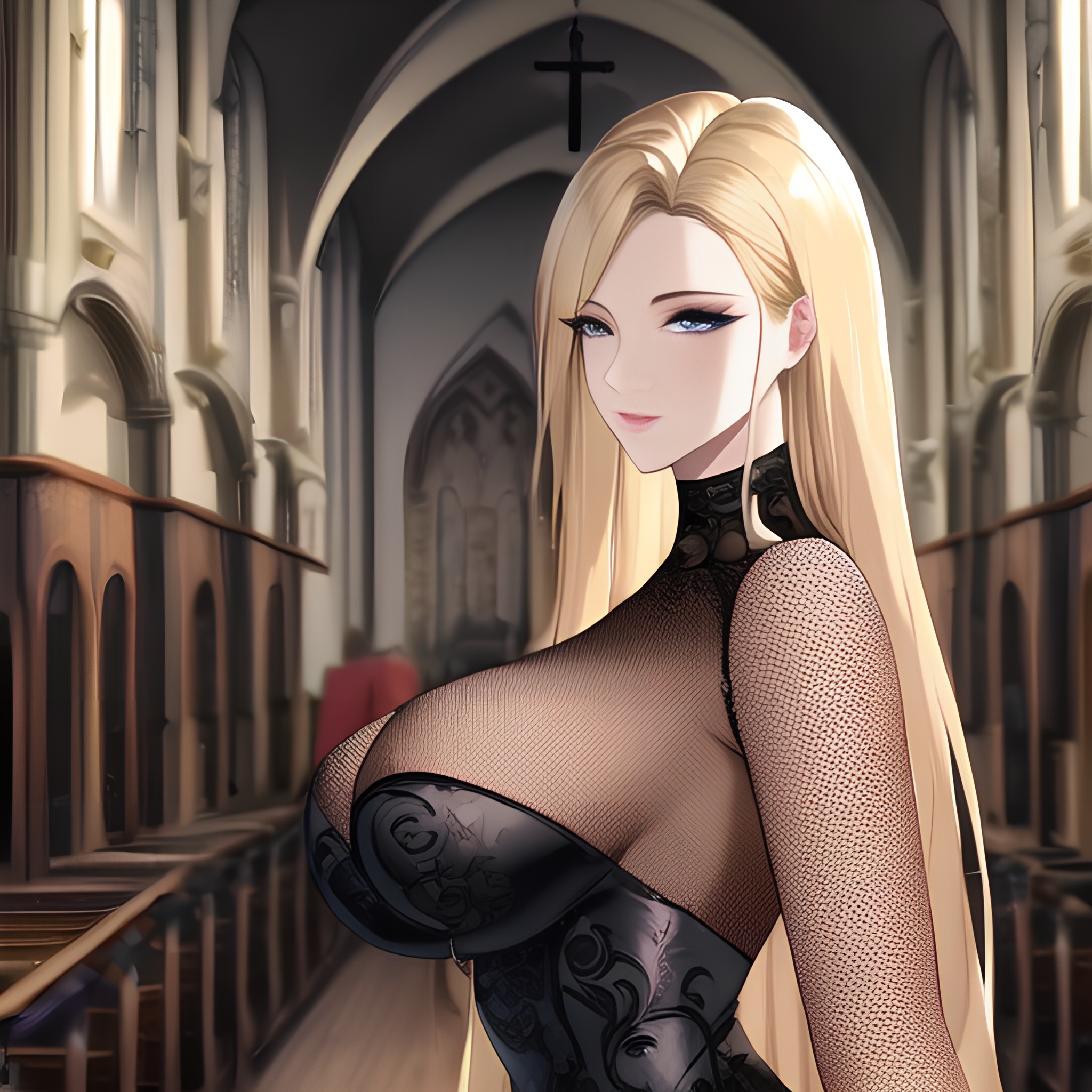 small boobs nude blonde long hair fishnet church front view woman