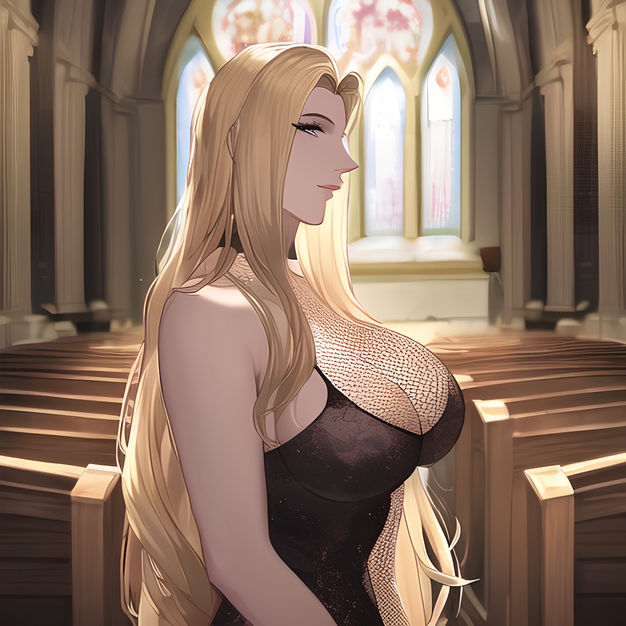 small boobs nude blonde woman front view church long hair fishnet