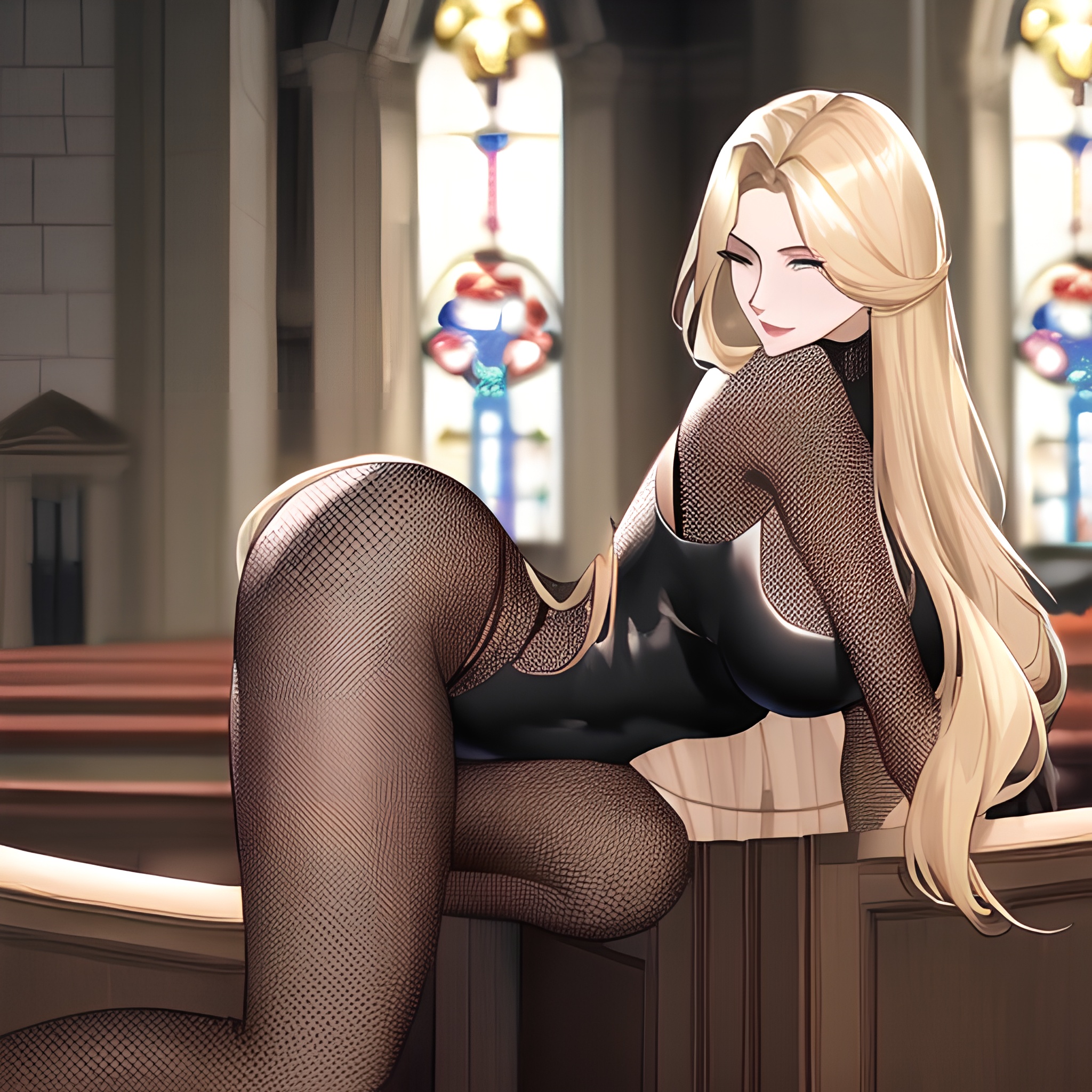 small boobs nude church fishnet blonde front view long hair woman 