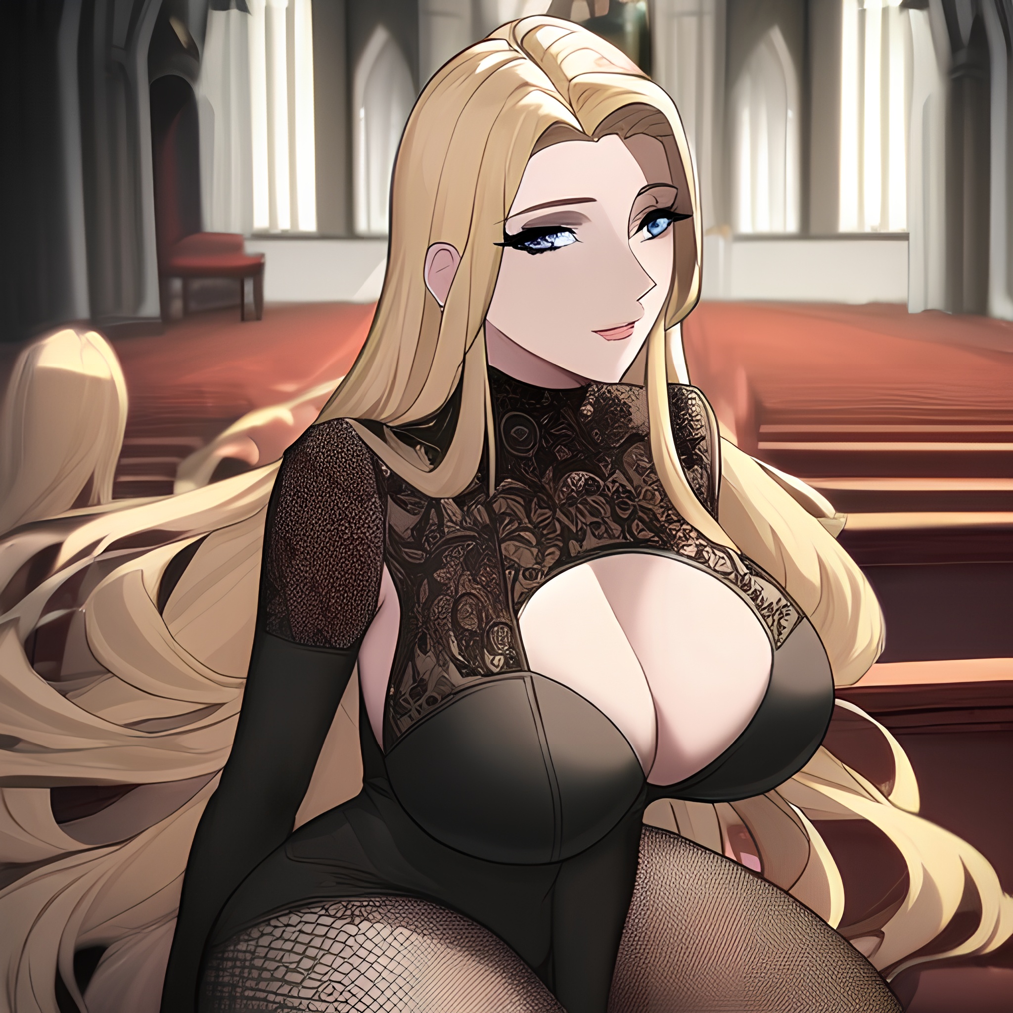 small boobs nude church fishnet woman front view blonde long hair 