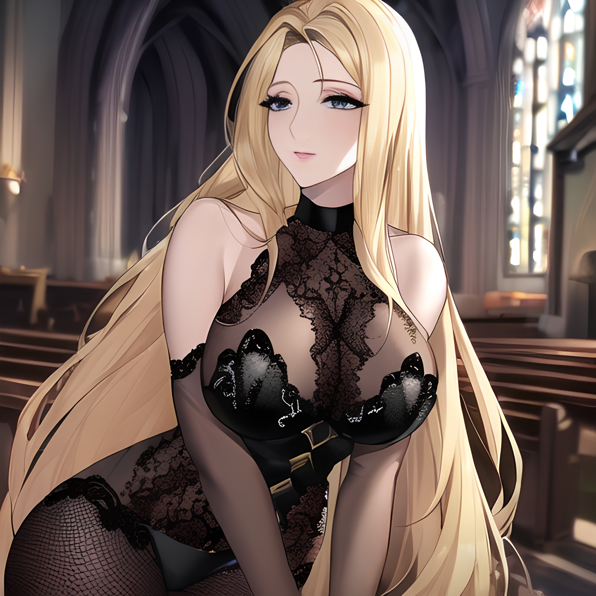 small boobs nude fishnet blonde woman church front view long hair 