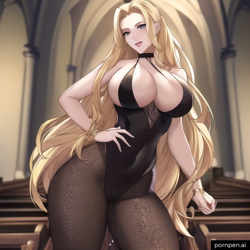 small boobs nude fishnet woman long hair front view church blonde 