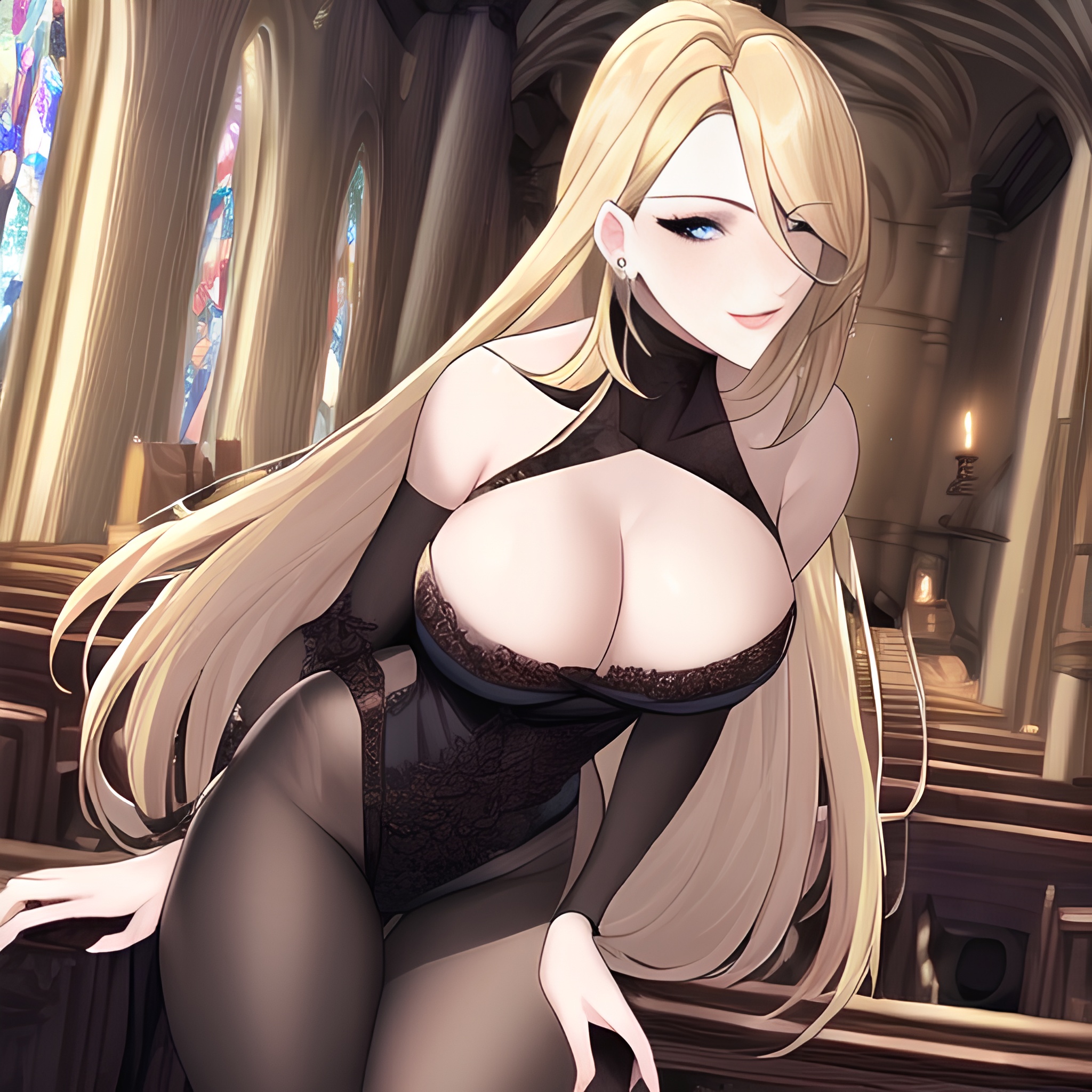 small boobs nude front view church woman blonde fishnet long hair 