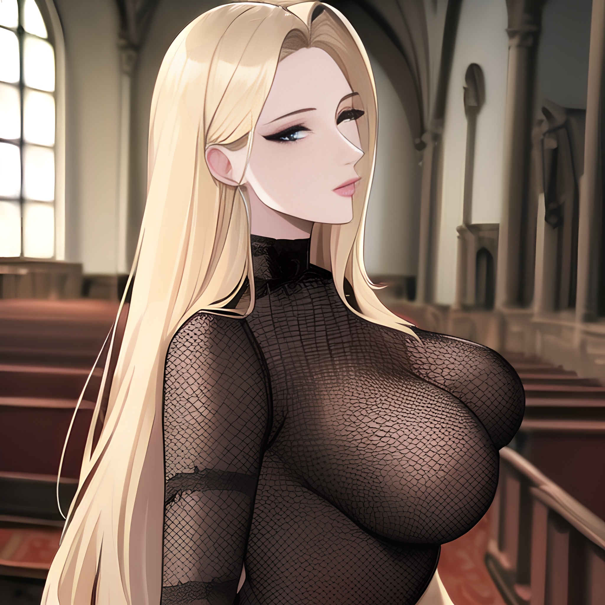 small boobs nude long hair blonde woman church fishnet front view 
