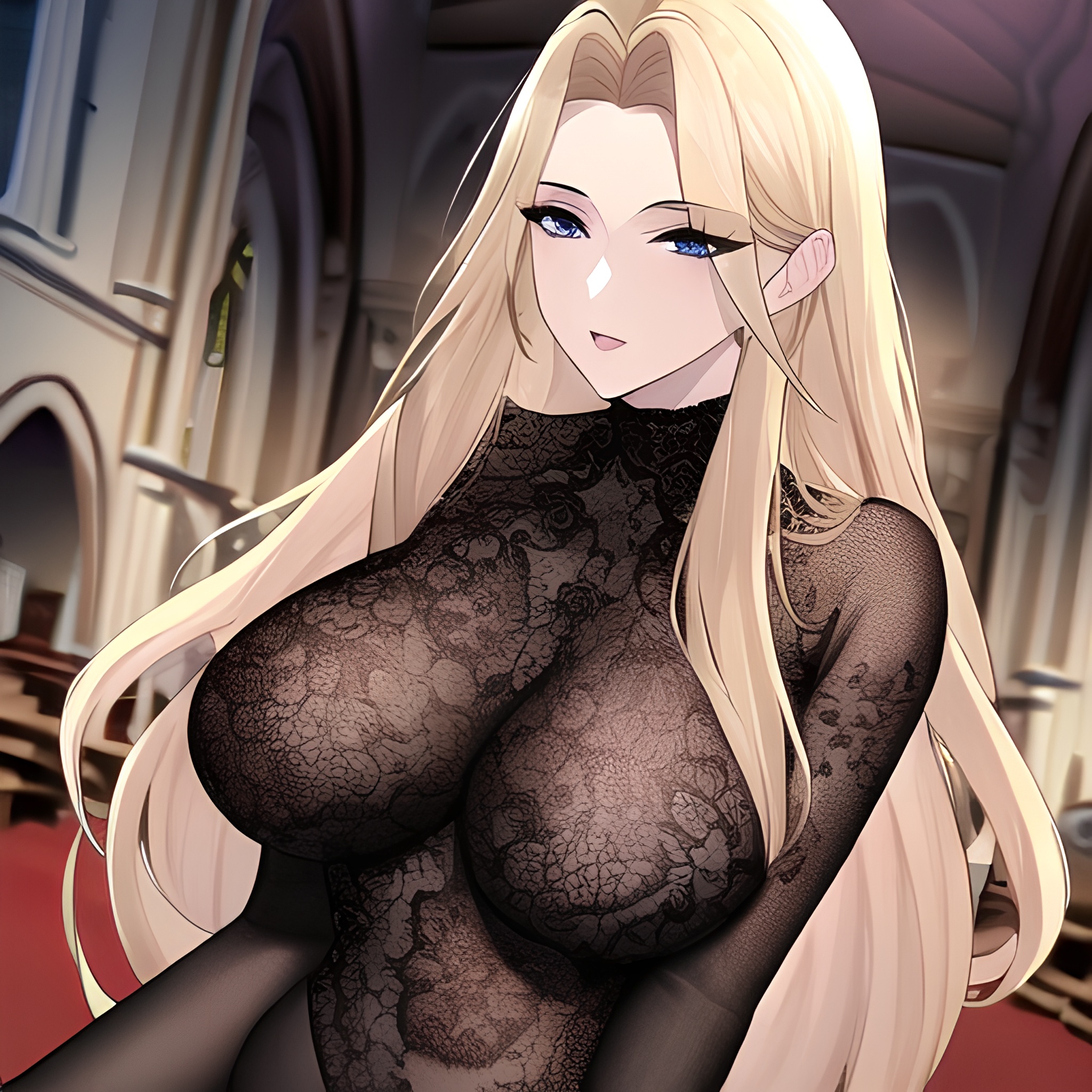 small boobs nude long hair fishnet church woman front view blonde 