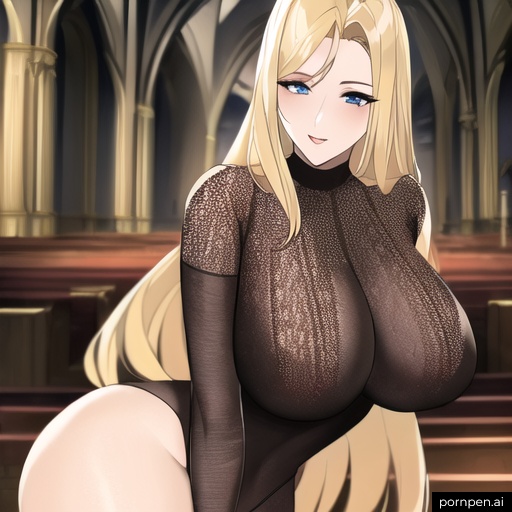 small boobs nude long hair fishnet woman church blonde front view 