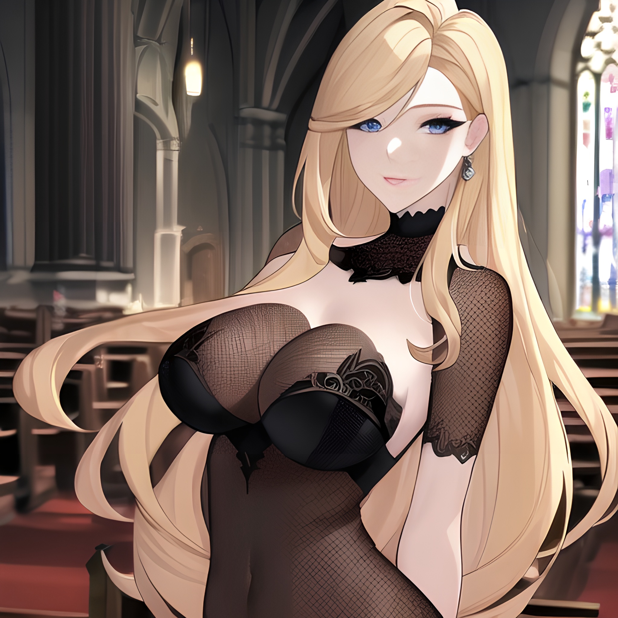 small boobs nude woman church front view long hair fishnet blonde 