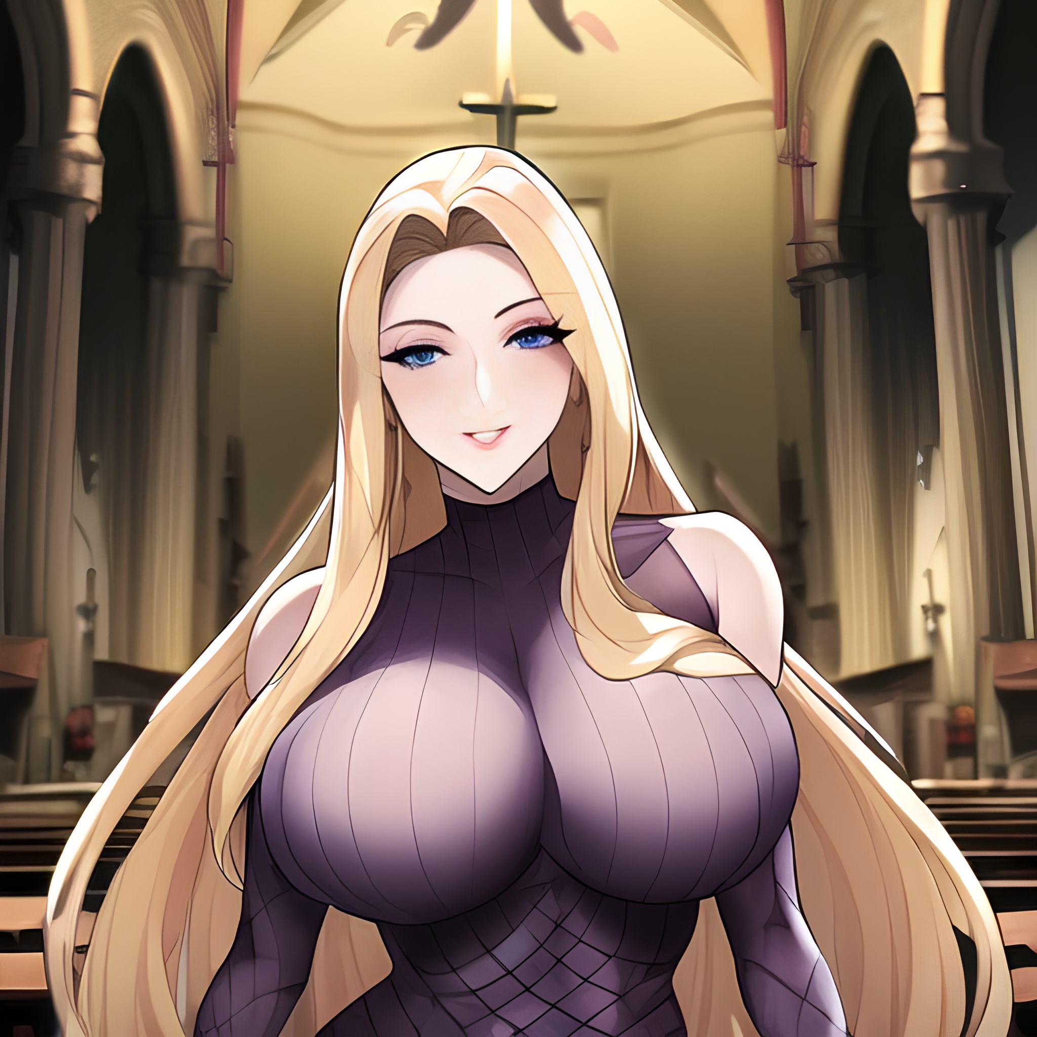 small boobs woman blonde front view fishnet church nude long hair
