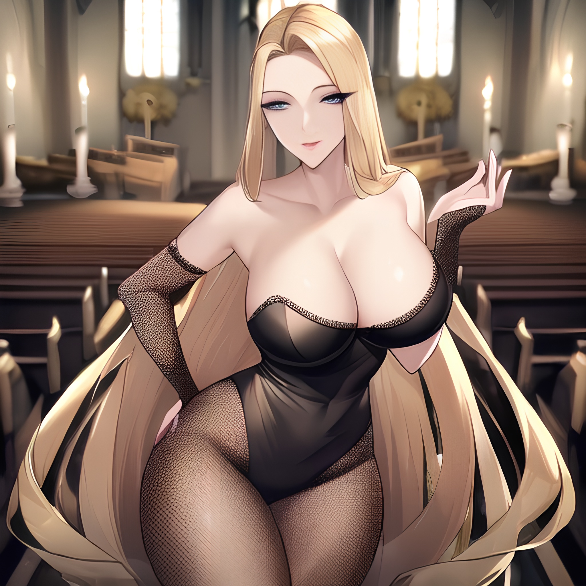 small boobs woman church long hair fishnet blonde nude front view 